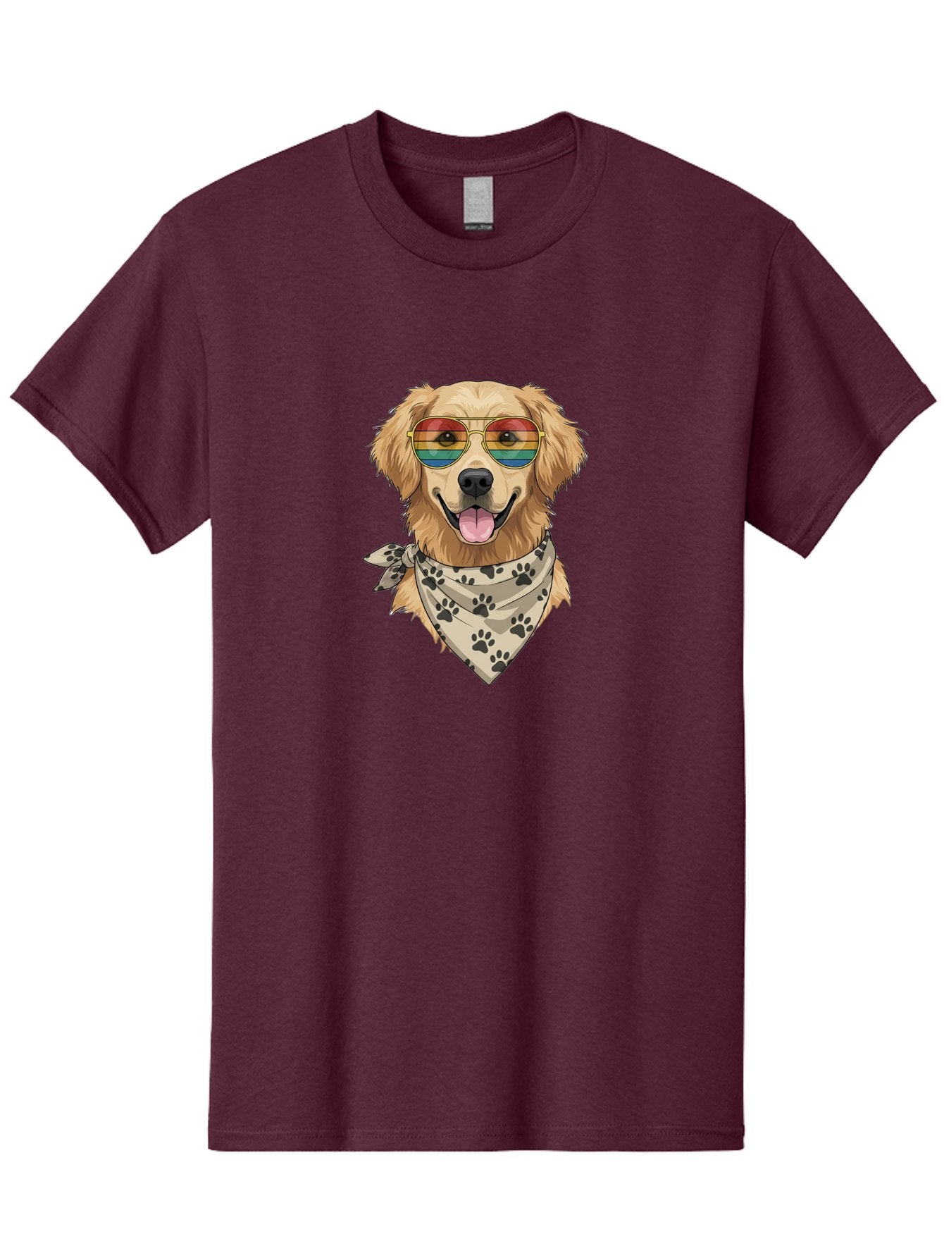 Golden-Retriever-Pride Men'S Graphic Tee, 100% Cotton, Comfortable Casual Summer Wear, Machine Washable, Golden Retriever Wearing Rainbow Sunglasses, Bandana With Paw Prints, Happy Dog, Pride Symbol, Fun Pet, Colorful Illustration, Bab987