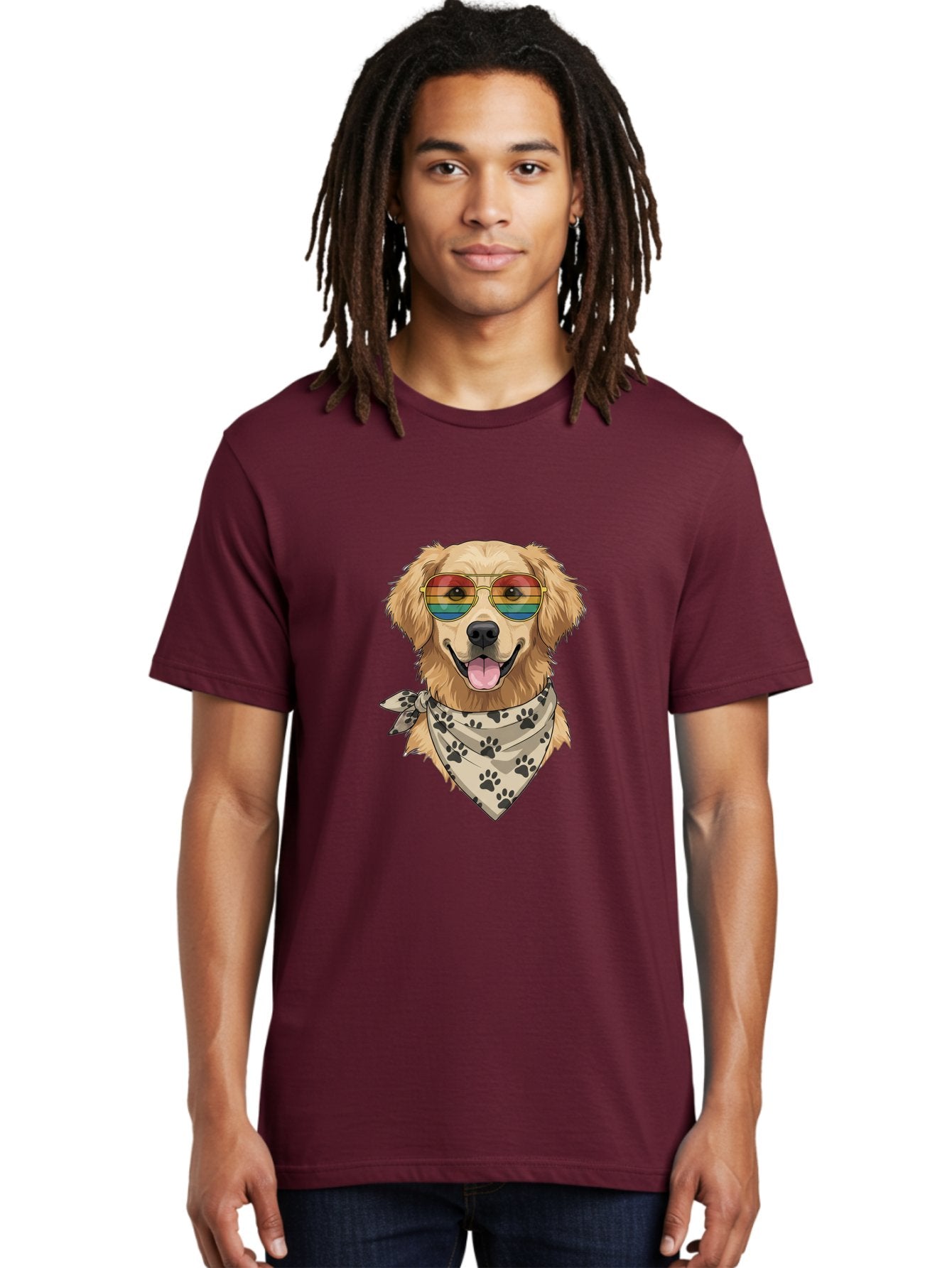 Golden-Retriever-Pride Men'S Graphic Tee, 100% Cotton, Comfortable Casual Summer Wear, Machine Washable, Golden Retriever Wearing Rainbow Sunglasses, Bandana With Paw Prints, Happy Dog, Pride Symbol, Fun Pet, Colorful Illustration, Bab987 19