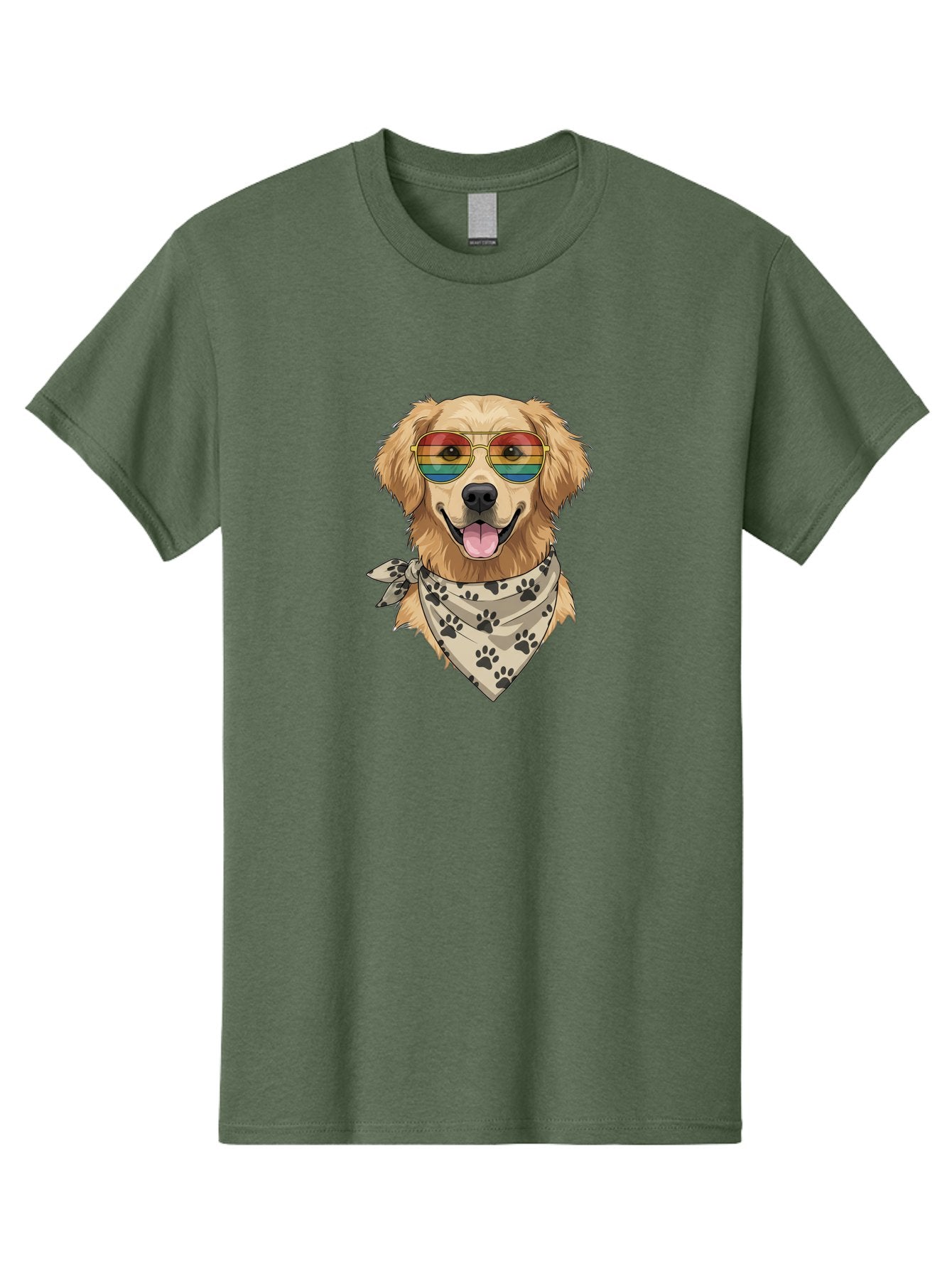 Golden-Retriever-Pride Men'S Graphic Tee, 100% Cotton, Comfortable Casual Summer Wear, Machine Washable, Golden Retriever Wearing Rainbow Sunglasses, Bandana With Paw Prints, Happy Dog, Pride Symbol, Fun Pet, Colorful Illustration, Bab987 3