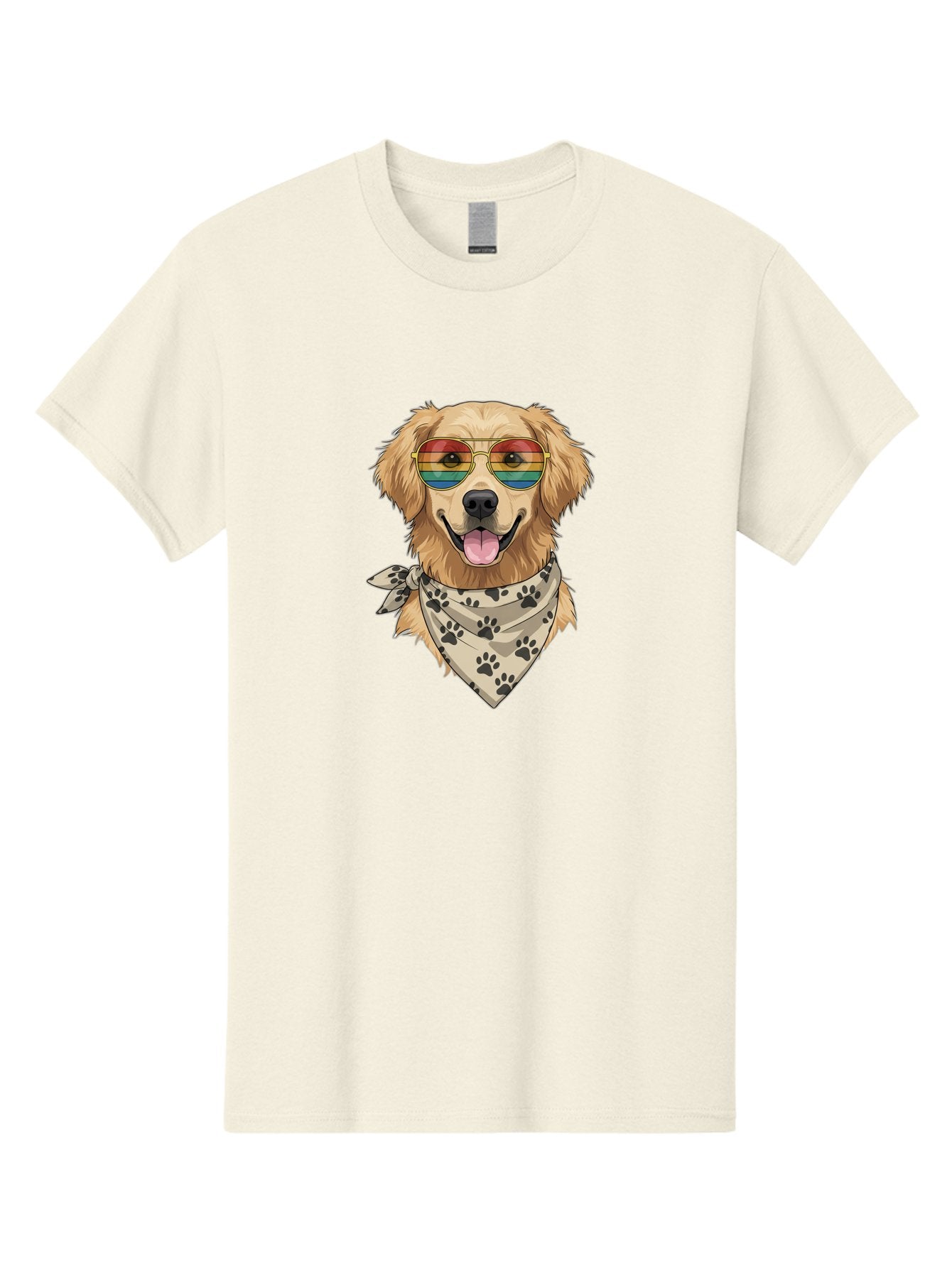 Golden-Retriever-Pride Men'S Graphic Tee, 100% Cotton, Comfortable Casual Summer Wear, Machine Washable, Golden Retriever Wearing Rainbow Sunglasses, Bandana With Paw Prints, Happy Dog, Pride Symbol, Fun Pet, Colorful Illustration, Bab987 8