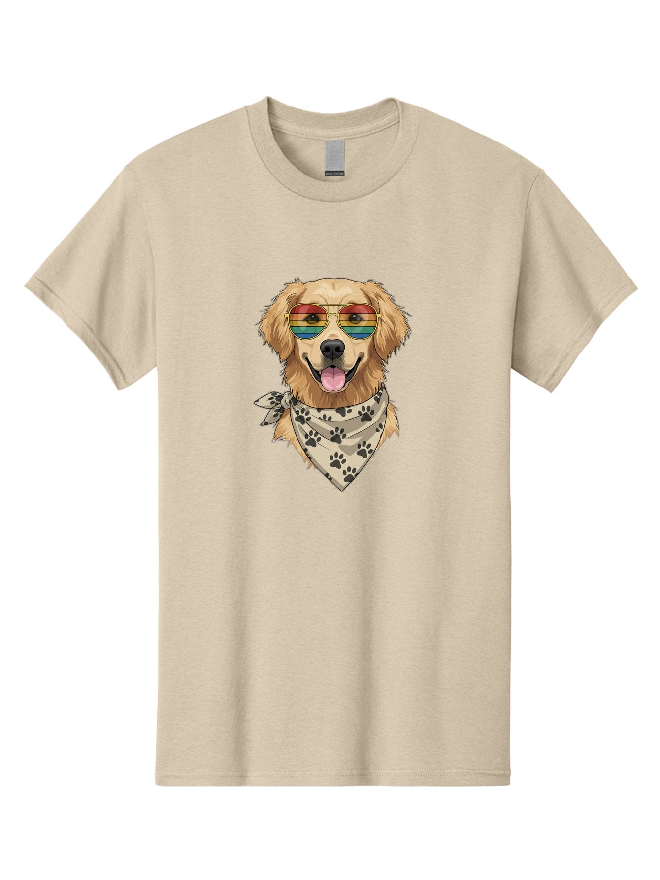 Golden-Retriever-Pride Men'S Graphic Tee, 100% Cotton, Comfortable Casual Summer Wear, Machine Washable, Golden Retriever Wearing Rainbow Sunglasses, Bandana With Paw Prints, Happy Dog, Pride Symbol, Fun Pet, Colorful Illustration, Bab987 10