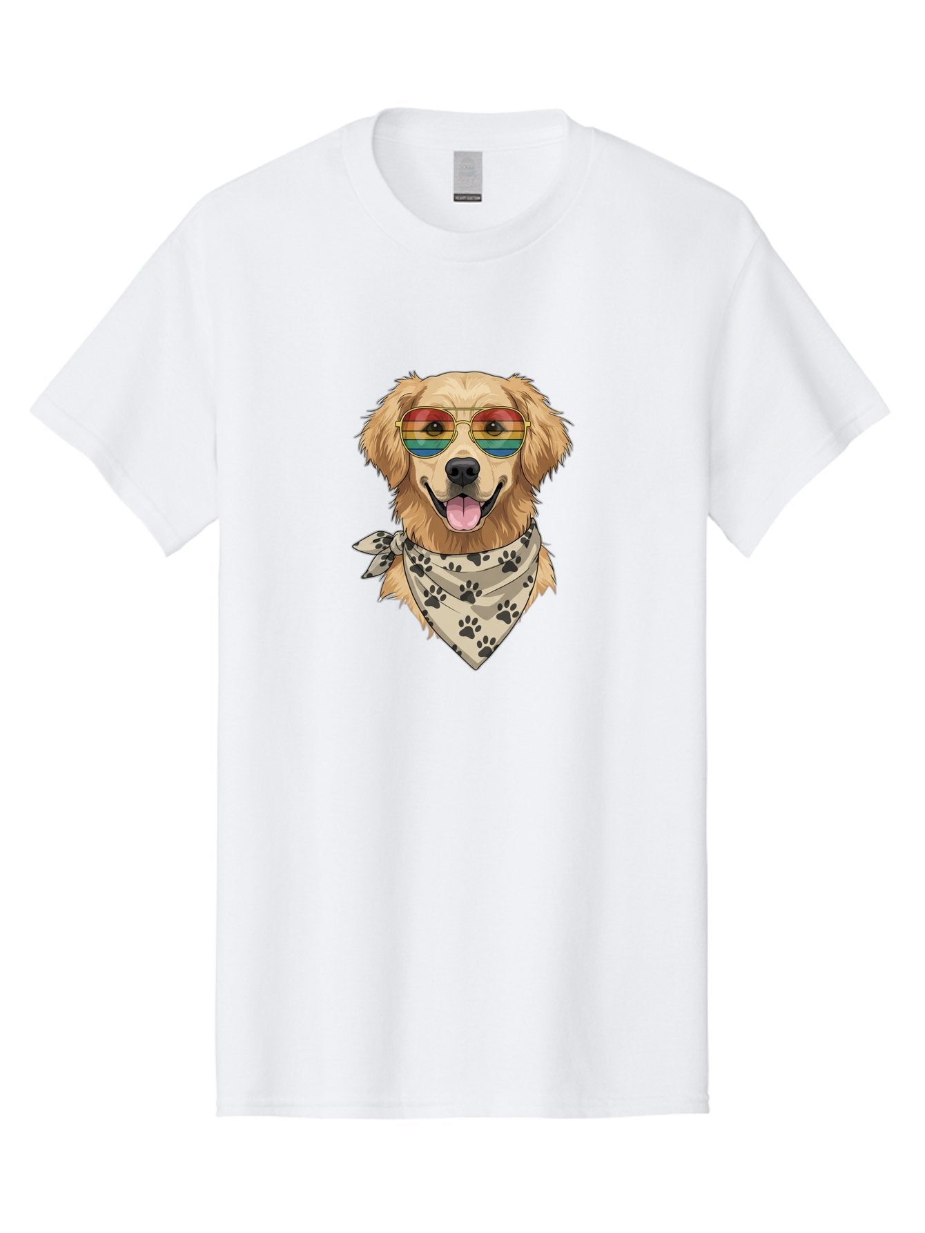 Golden-Retriever-Pride Men'S Graphic Tee, 100% Cotton, Comfortable Casual Summer Wear, Machine Washable, Golden Retriever Wearing Rainbow Sunglasses, Bandana With Paw Prints, Happy Dog, Pride Symbol, Fun Pet, Colorful Illustration, Bab987 13