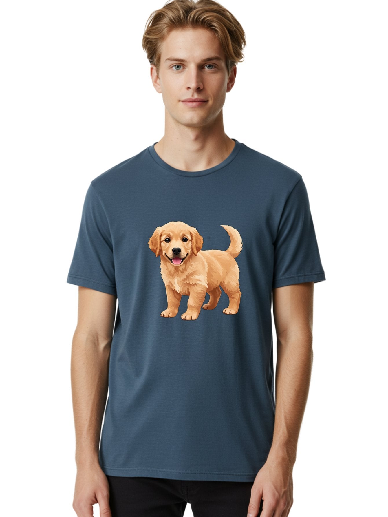 Golden-Retriever-Puppy-3 Men'S Graphic Tee, 100% Cotton, Comfortable Casual Summer Wear, Machine Washable, Golden Retriever Puppy, Dog Portrait, Playful Dog, Happy Puppy, Furry Friend, Dog'S Smile, Tail Wagging, Adorable Pet, Cartoon Dog, Bab990 18