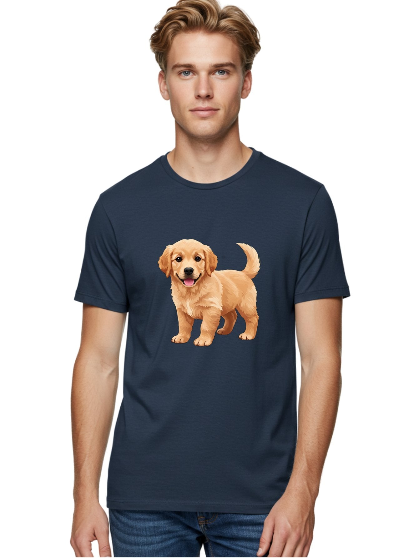 Golden-Retriever-Puppy-3 Men'S Graphic Tee, 100% Cotton, Comfortable Casual Summer Wear, Machine Washable, Golden Retriever Puppy, Dog Portrait, Playful Dog, Happy Puppy, Furry Friend, Dog'S Smile, Tail Wagging, Adorable Pet, Cartoon Dog, Bab990 30