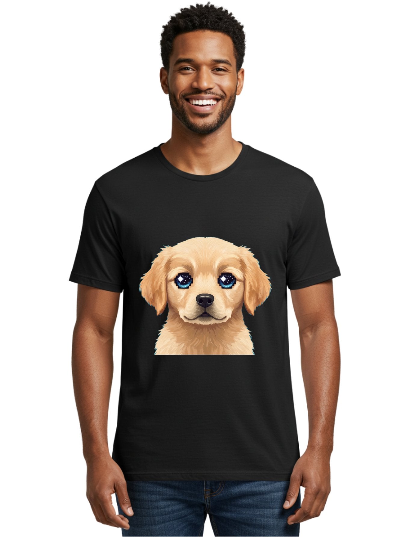 Golden-Retriever-Puppy-4 Men'S Graphic Tee, 100% Cotton, Comfortable Casual Summer Wear, Machine Washable, Golden Retriever Puppy, Cute Cartoon Dog, Big Blue Eyes, Galaxy Eyes, Sparkly Eyes, Fluffy Fur, Adorable Face, Sweet Puppy, Digital Art Bab991 18