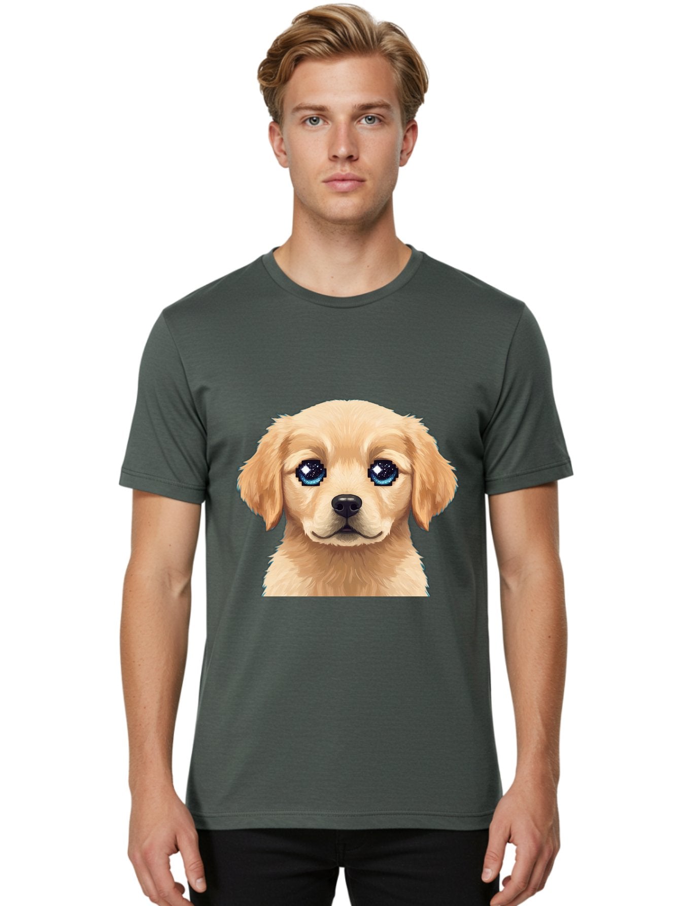 Golden-Retriever-Puppy-4 Men'S Graphic Tee, 100% Cotton, Comfortable Casual Summer Wear, Machine Washable, Golden Retriever Puppy, Cute Cartoon Dog, Big Blue Eyes, Galaxy Eyes, Sparkly Eyes, Fluffy Fur, Adorable Face, Sweet Puppy, Digital Art Bab991 19
