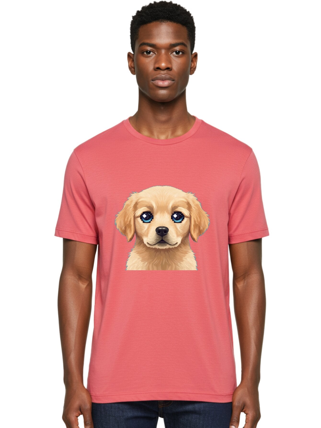 Golden-Retriever-Puppy-4 Men'S Graphic Tee, 100% Cotton, Comfortable Casual Summer Wear, Machine Washable, Golden Retriever Puppy, Cute Cartoon Dog, Big Blue Eyes, Galaxy Eyes, Sparkly Eyes, Fluffy Fur, Adorable Face, Sweet Puppy, Digital Art Bab991 25