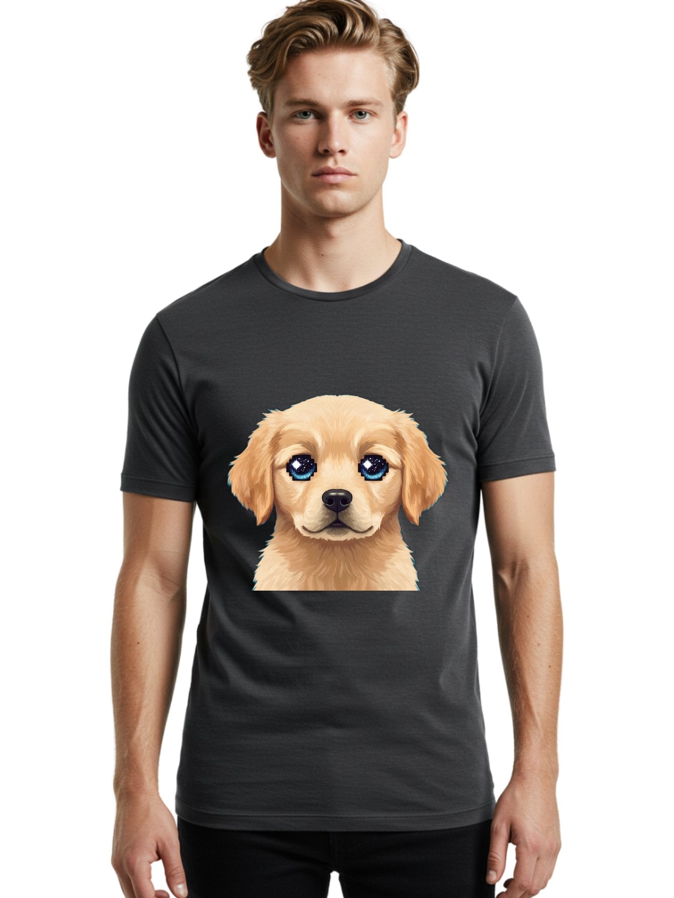 Golden-Retriever-Puppy-4 Men'S Graphic Tee, 100% Cotton, Comfortable Casual Summer Wear, Machine Washable, Golden Retriever Puppy, Cute Cartoon Dog, Big Blue Eyes, Galaxy Eyes, Sparkly Eyes, Fluffy Fur, Adorable Face, Sweet Puppy, Digital Art Bab991 30
