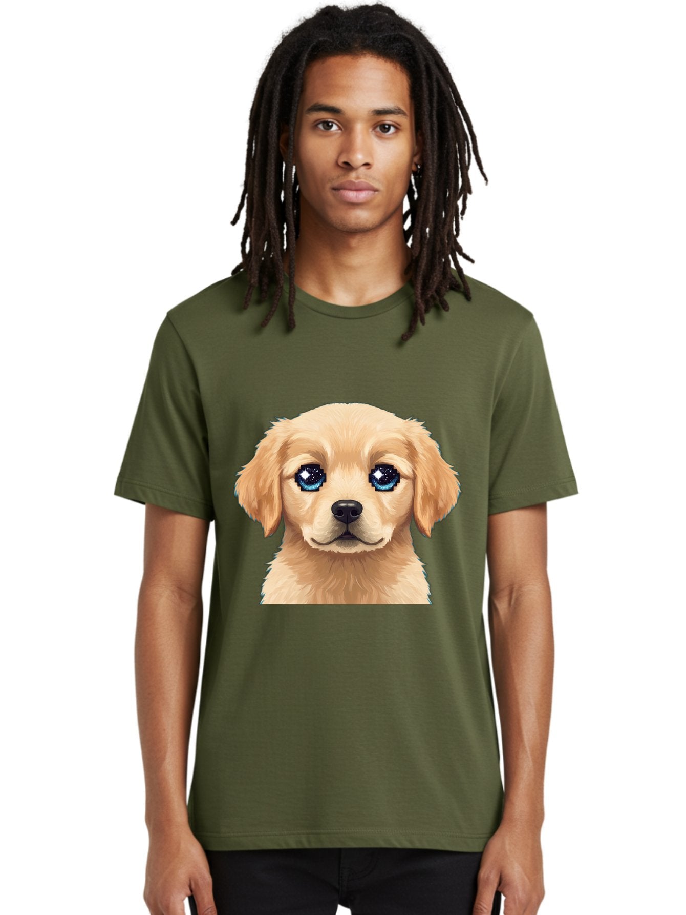 Golden-Retriever-Puppy-4 Men'S Graphic Tee, 100% Cotton, Comfortable Casual Summer Wear, Machine Washable, Golden Retriever Puppy, Cute Cartoon Dog, Big Blue Eyes, Galaxy Eyes, Sparkly Eyes, Fluffy Fur, Adorable Face, Sweet Puppy, Digital Art Bab991 16