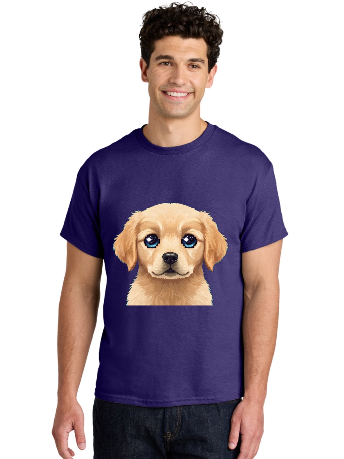 Golden-Retriever-Puppy-4 Men'S Graphic Tee, 100% Cotton, Comfortable Casual Summer Wear, Machine Washable, Golden Retriever Puppy, Cute Cartoon Dog, Big Blue Eyes, Galaxy Eyes, Sparkly Eyes, Fluffy Fur, Adorable Face, Sweet Puppy, Digital Art Bab991 26