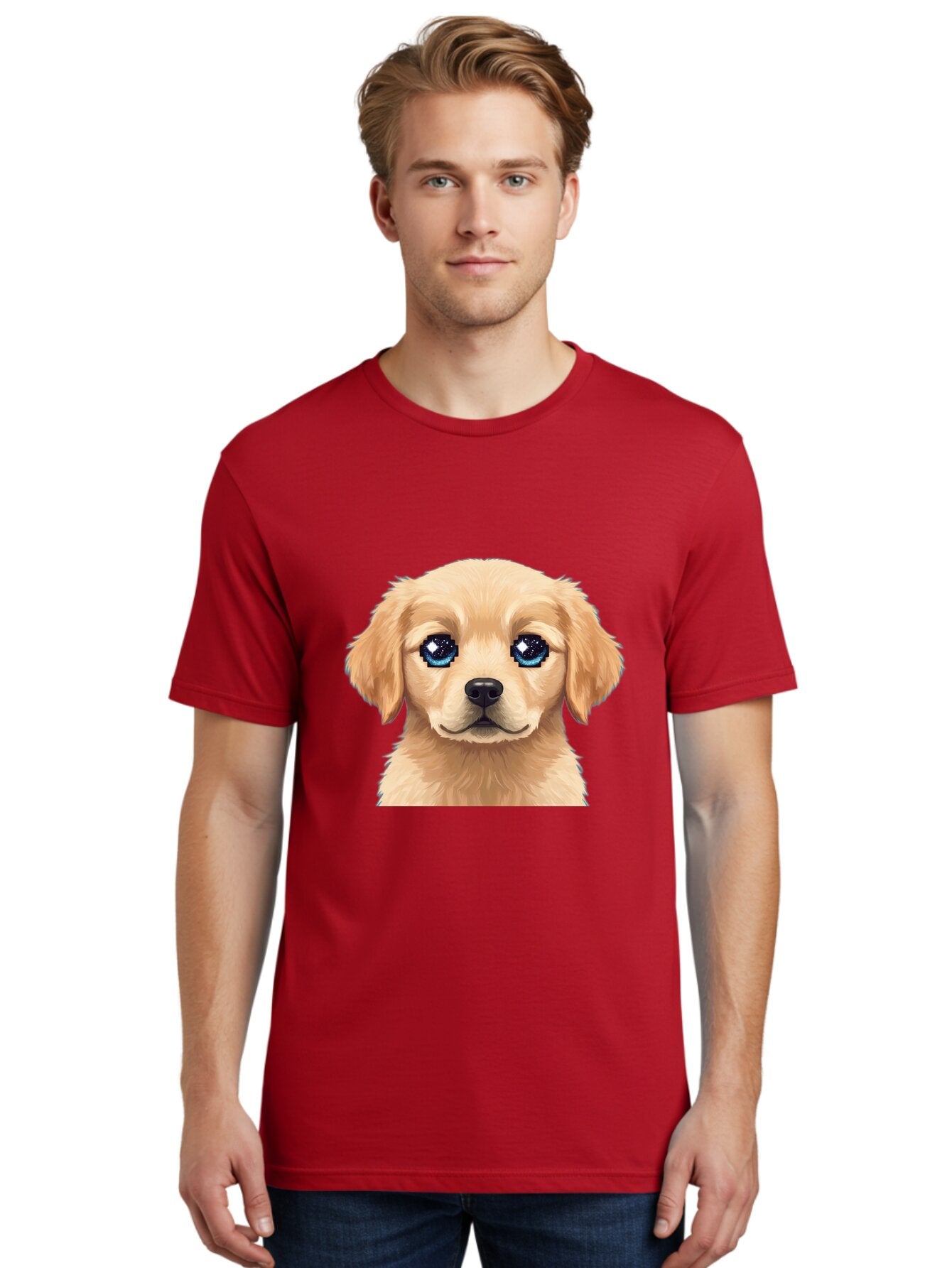 Golden-Retriever-Puppy-4 Men'S Graphic Tee, 100% Cotton, Comfortable Casual Summer Wear, Machine Washable, Golden Retriever Puppy, Cute Cartoon Dog, Big Blue Eyes, Galaxy Eyes, Sparkly Eyes, Fluffy Fur, Adorable Face, Sweet Puppy, Digital Art Bab991 28