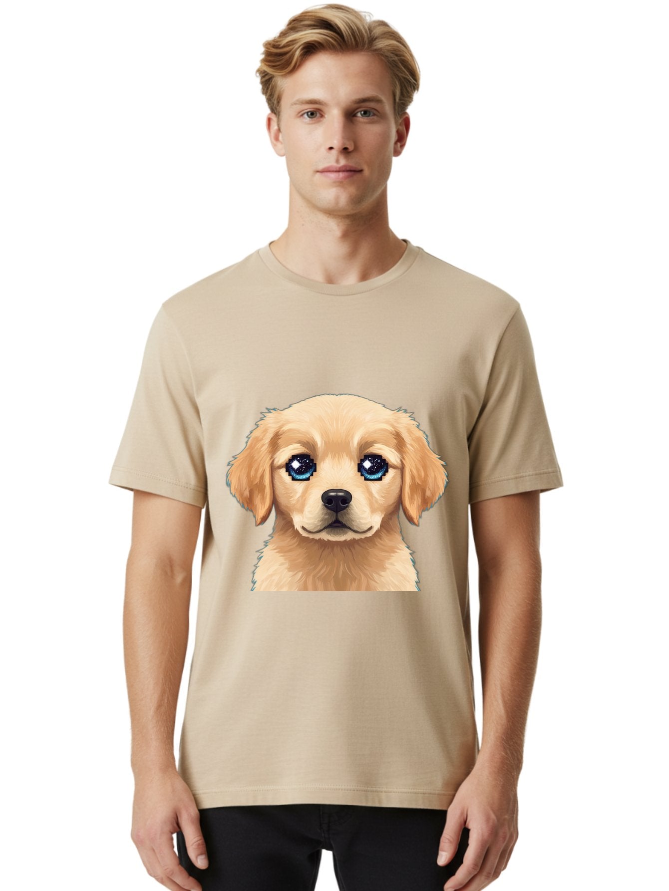 Golden-Retriever-Puppy-4 Men'S Graphic Tee, 100% Cotton, Comfortable Casual Summer Wear, Machine Washable, Golden Retriever Puppy, Cute Cartoon Dog, Big Blue Eyes, Galaxy Eyes, Sparkly Eyes, Fluffy Fur, Adorable Face, Sweet Puppy, Digital Art Bab991 29
