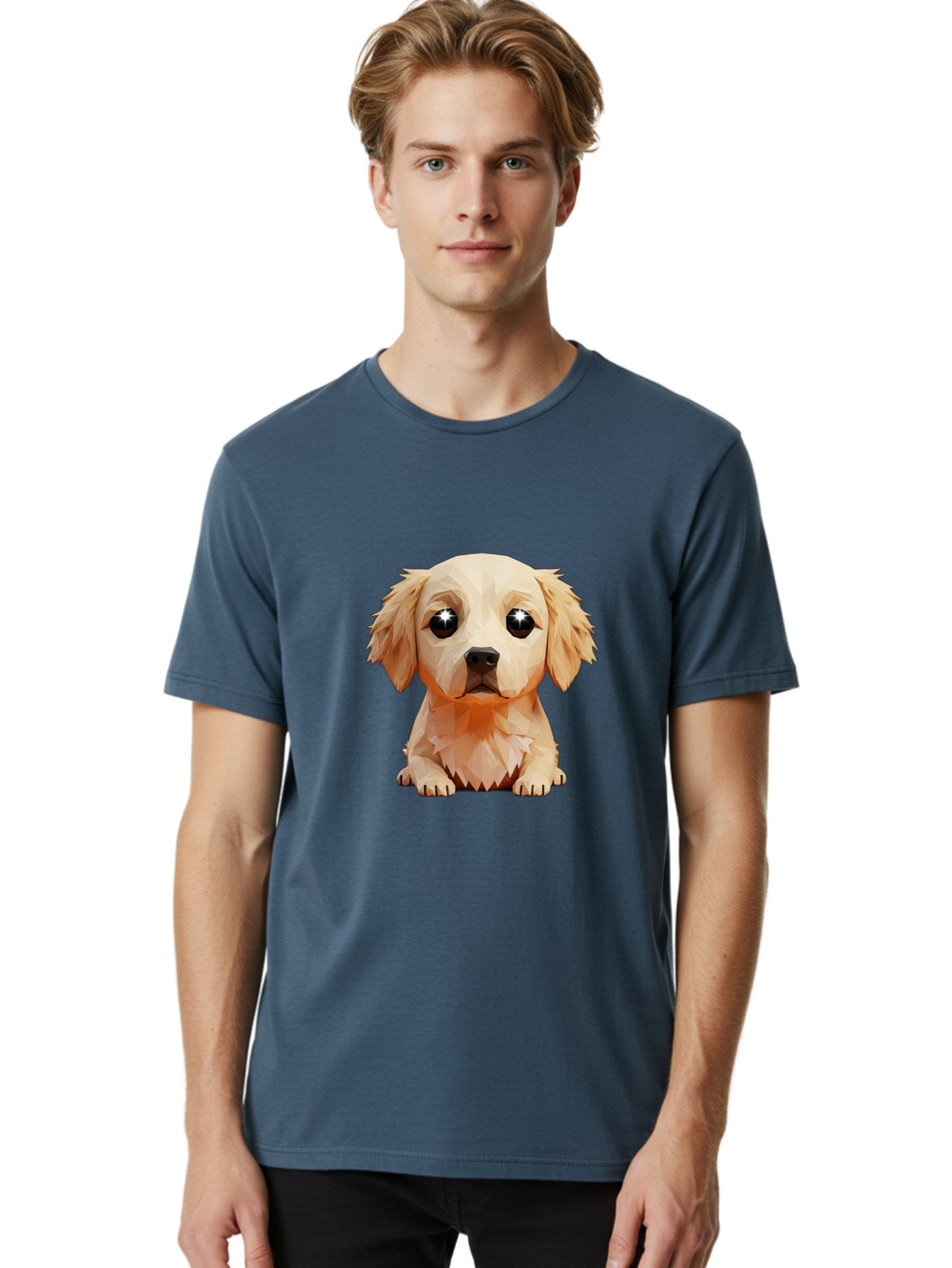 Golden-Retriever-Puppy-5 Men'S Graphic Tee, 100% Cotton, Comfortable Casual Summer Wear, Machine Washable, Low-Poly Puppy Art, Puppy With Shiny Eyes, 3D Geometric Dog, Cute Puppy, Adorable Puppy Graphics, Puppy Illustration, Modern Art, Bab992 23