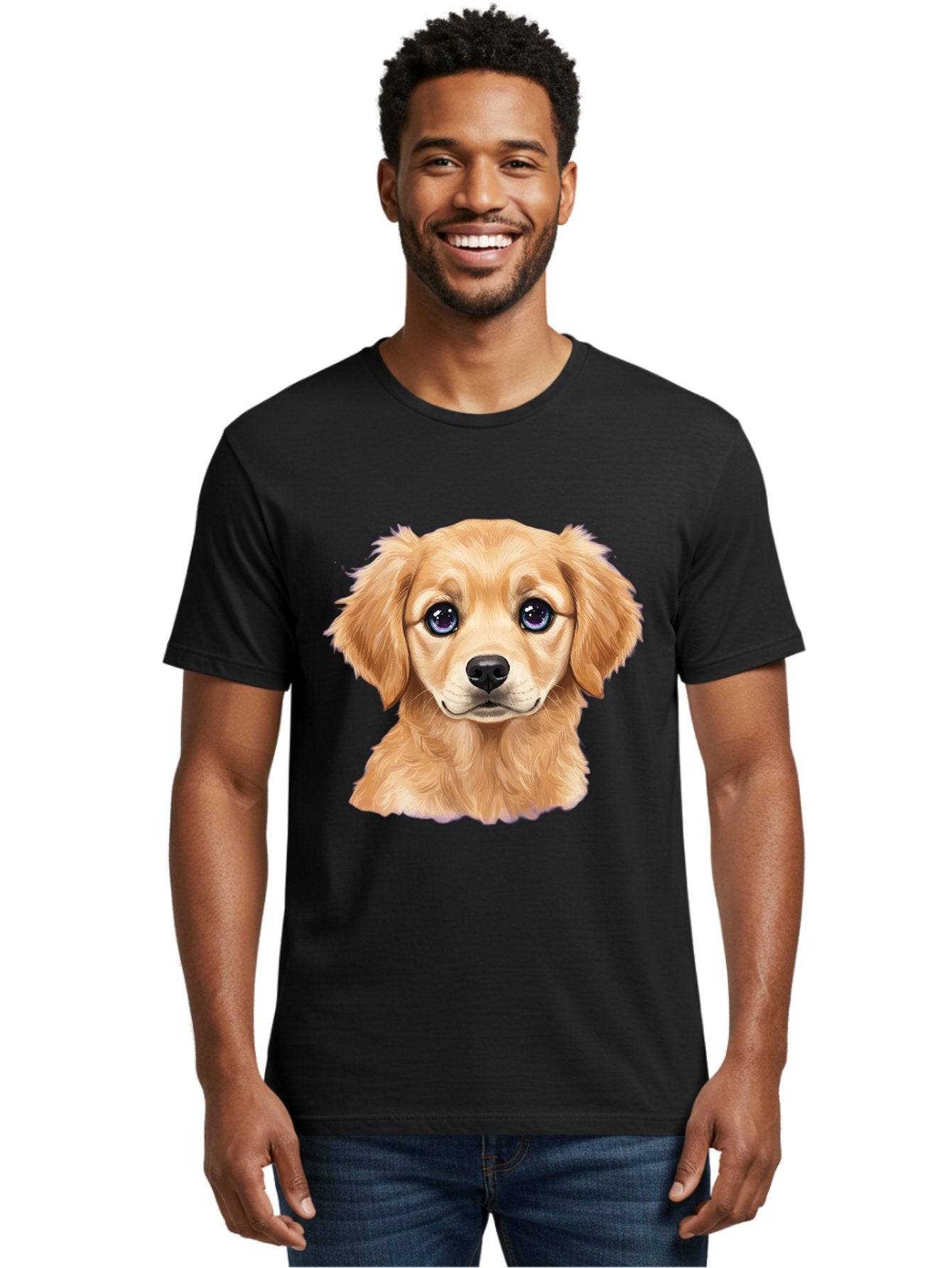 Golden-Retriever-Puppy-6 Men'S Graphic Tee, 100% Cotton, Comfortable Casual Summer Wear, Machine Washable, Golden Puppy, Cute Dog, Puppy Face, Blue Eyes, Fluffy Fur, Adorable Animal, Cartoon Style, Digital Art, Sweet Expression, Friendly Pet Bab993 16