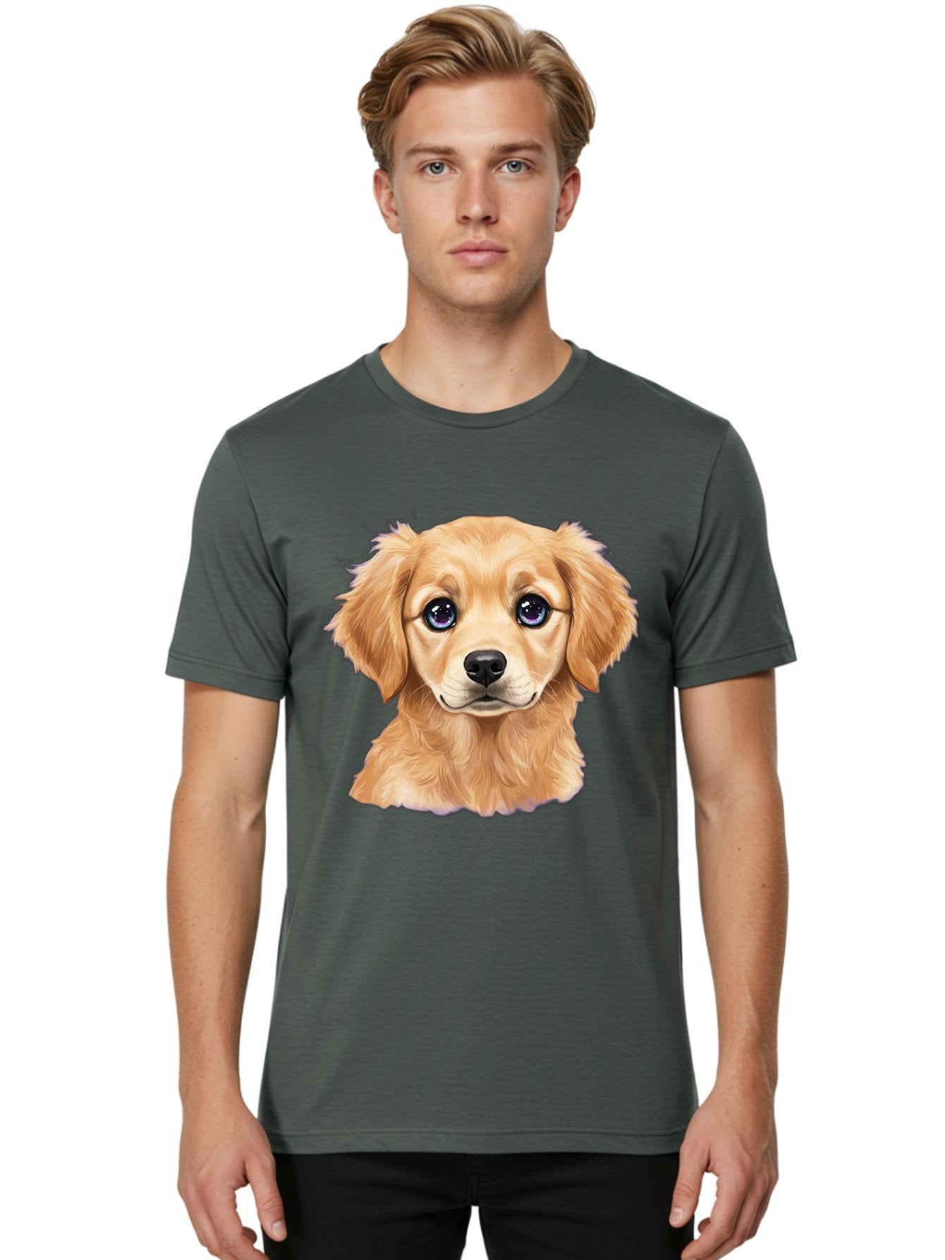 Golden-Retriever-Puppy-6 Men'S Graphic Tee, 100% Cotton, Comfortable Casual Summer Wear, Machine Washable, Golden Puppy, Cute Dog, Puppy Face, Blue Eyes, Fluffy Fur, Adorable Animal, Cartoon Style, Digital Art, Sweet Expression, Friendly Pet Bab993 29