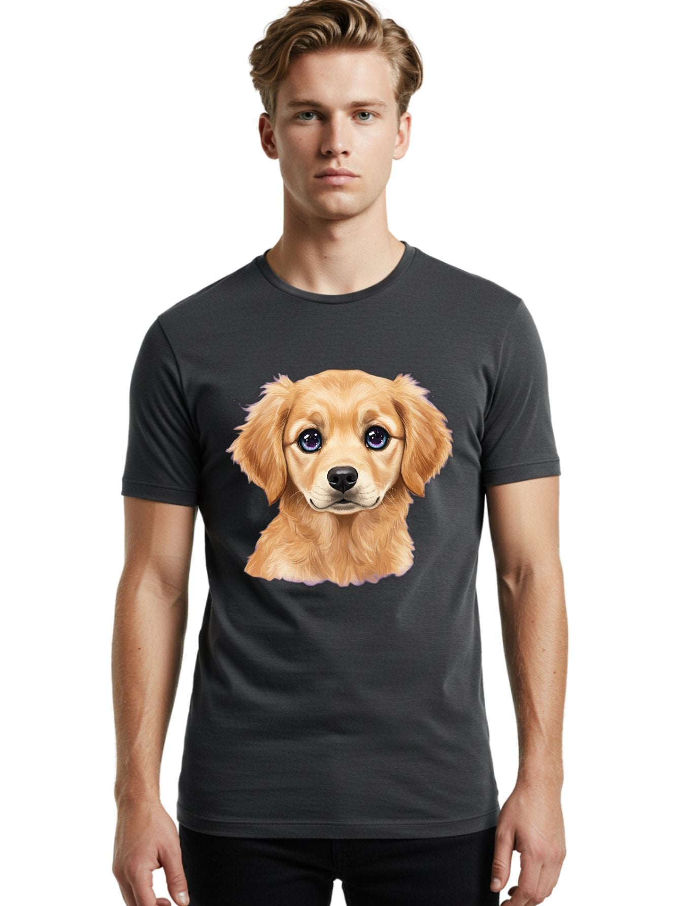 Golden-Retriever-Puppy-6 Men'S Graphic Tee, 100% Cotton, Comfortable Casual Summer Wear, Machine Washable, Golden Puppy, Cute Dog, Puppy Face, Blue Eyes, Fluffy Fur, Adorable Animal, Cartoon Style, Digital Art, Sweet Expression, Friendly Pet Bab993 18