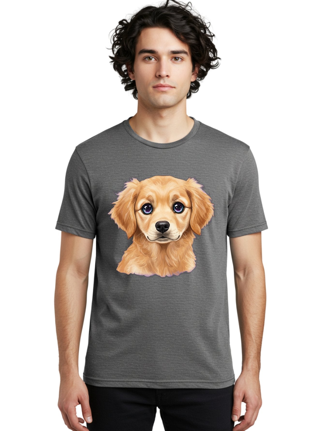 Golden-Retriever-Puppy-6 Men'S Graphic Tee, 100% Cotton, Comfortable Casual Summer Wear, Machine Washable, Golden Puppy, Cute Dog, Puppy Face, Blue Eyes, Fluffy Fur, Adorable Animal, Cartoon Style, Digital Art, Sweet Expression, Friendly Pet Bab993 25