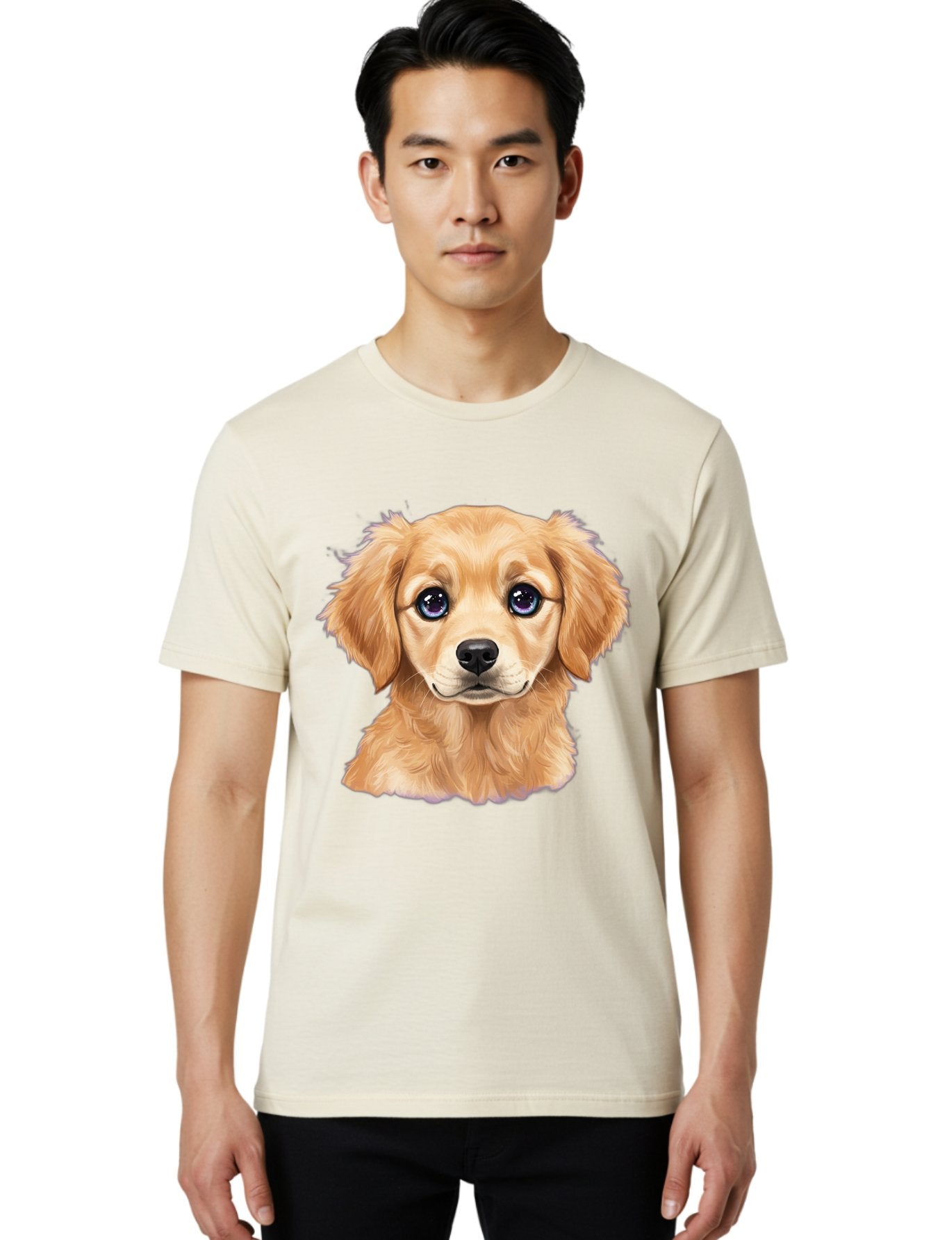 Golden-Retriever-Puppy-6 Men'S Graphic Tee, 100% Cotton, Comfortable Casual Summer Wear, Machine Washable, Golden Puppy, Cute Dog, Puppy Face, Blue Eyes, Fluffy Fur, Adorable Animal, Cartoon Style, Digital Art, Sweet Expression, Friendly Pet Bab993 21