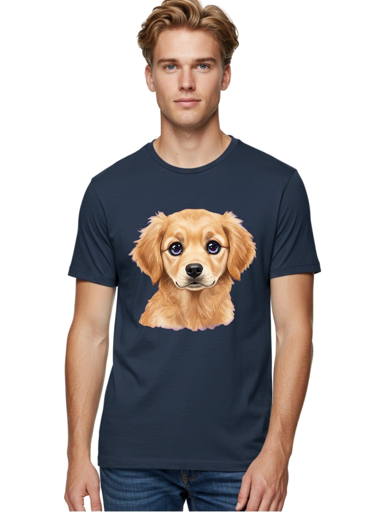 Golden-Retriever-Puppy-6 Men'S Graphic Tee, 100% Cotton, Comfortable Casual Summer Wear, Machine Washable, Golden Puppy, Cute Dog, Puppy Face, Blue Eyes, Fluffy Fur, Adorable Animal, Cartoon Style, Digital Art, Sweet Expression, Friendly Pet Bab993 24