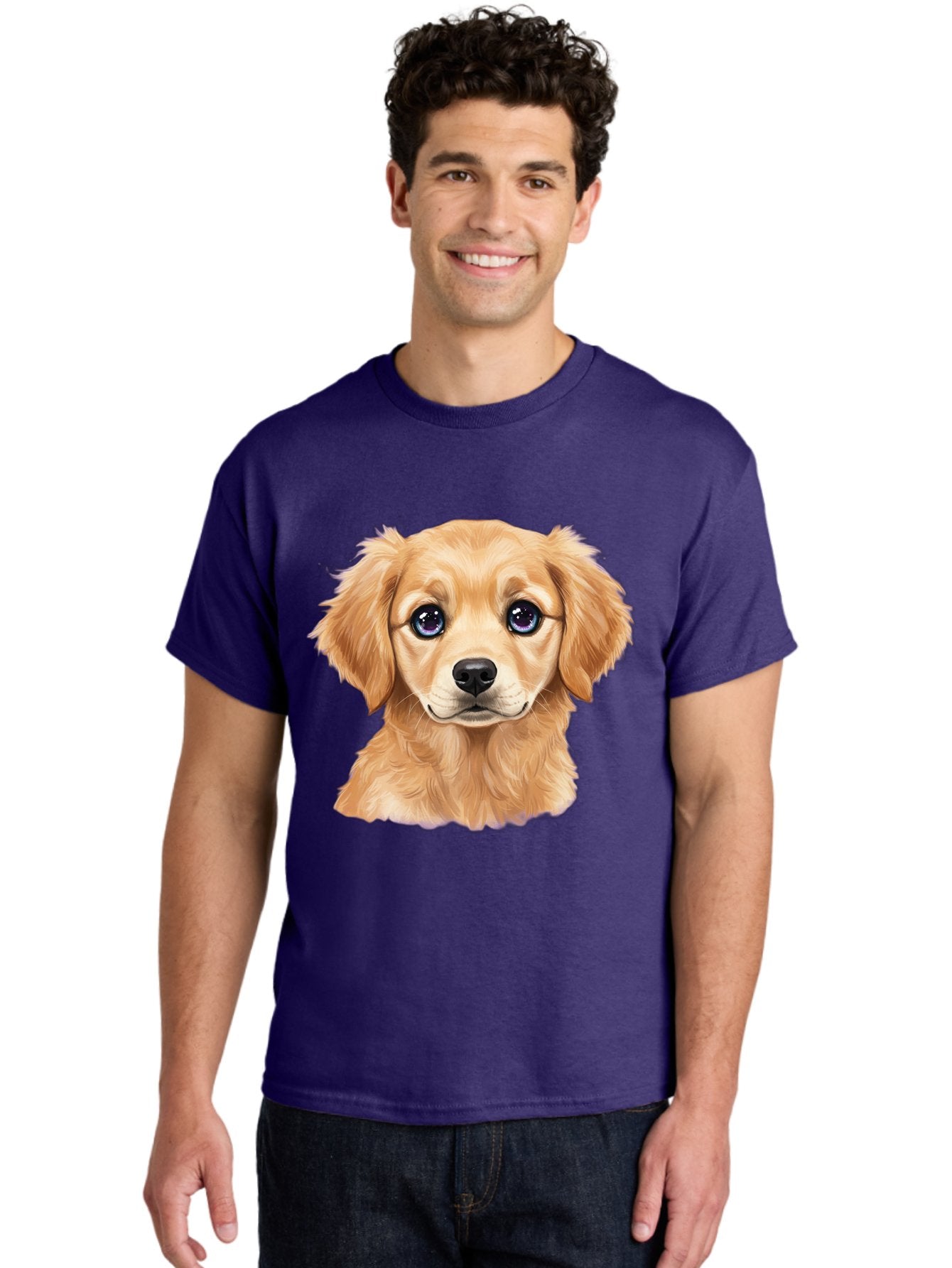 Golden-Retriever-Puppy-6 Men'S Graphic Tee, 100% Cotton, Comfortable Casual Summer Wear, Machine Washable, Golden Puppy, Cute Dog, Puppy Face, Blue Eyes, Fluffy Fur, Adorable Animal, Cartoon Style, Digital Art, Sweet Expression, Friendly Pet Bab993 30