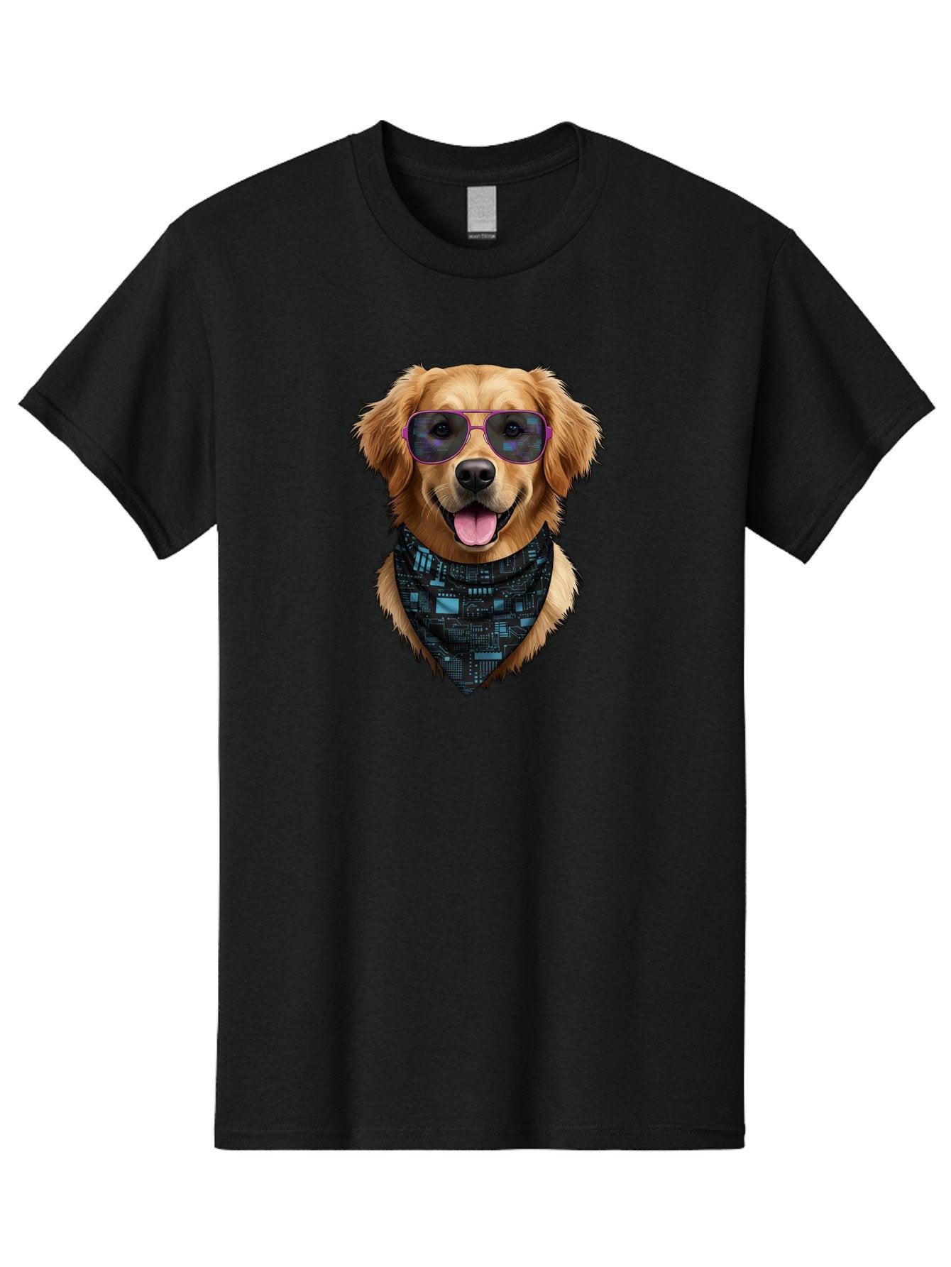 Golden-Retriever-Sunglasses Men'S Graphic Tee, 100% Cotton, Comfortable Casual Summer Wear, Machine Washable, Golden Retriever Dog, Trendy Sunglasses, Tech-Inspired Bandana, Streetwear Style, Cool Canine, Futuristic Fashion, Bab996 7