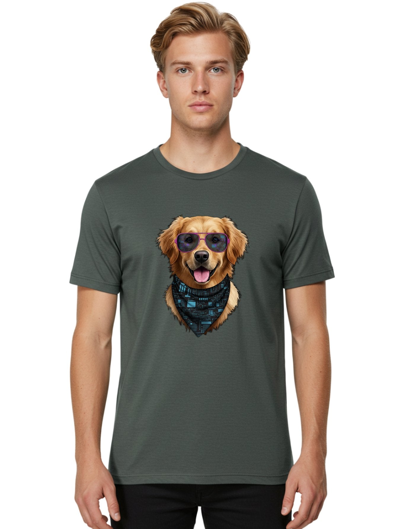 Golden-Retriever-Sunglasses Men'S Graphic Tee, 100% Cotton, Comfortable Casual Summer Wear, Machine Washable, Golden Retriever Dog, Trendy Sunglasses, Tech-Inspired Bandana, Streetwear Style, Cool Canine, Futuristic Fashion, Bab996 21