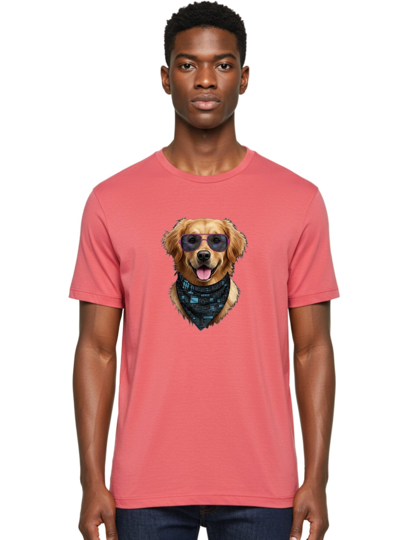 Golden-Retriever-Sunglasses Men'S Graphic Tee, 100% Cotton, Comfortable Casual Summer Wear, Machine Washable, Golden Retriever Dog, Trendy Sunglasses, Tech-Inspired Bandana, Streetwear Style, Cool Canine, Futuristic Fashion, Bab996 18