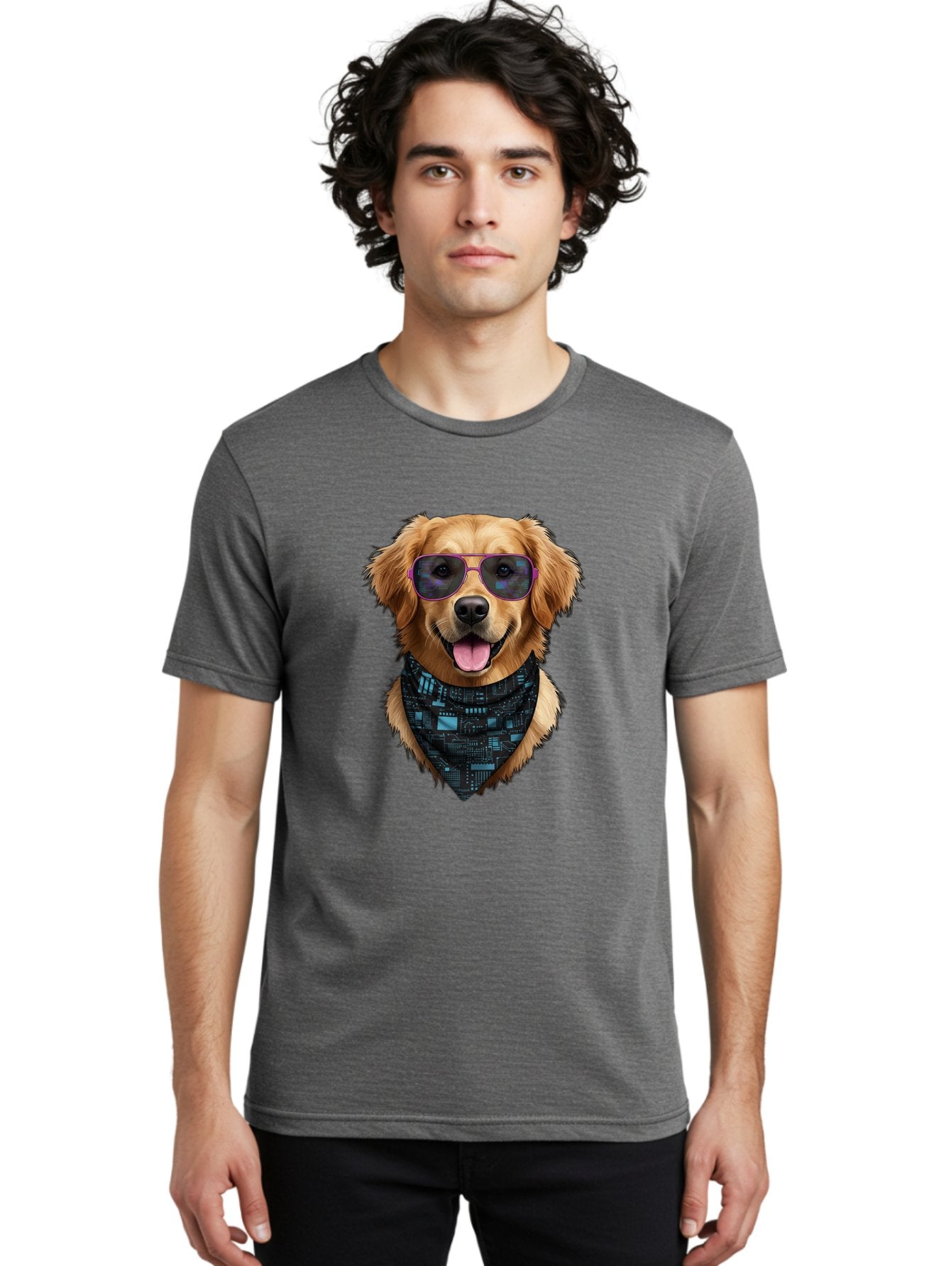 Golden-Retriever-Sunglasses Men'S Graphic Tee, 100% Cotton, Comfortable Casual Summer Wear, Machine Washable, Golden Retriever Dog, Trendy Sunglasses, Tech-Inspired Bandana, Streetwear Style, Cool Canine, Futuristic Fashion, Bab996 27
