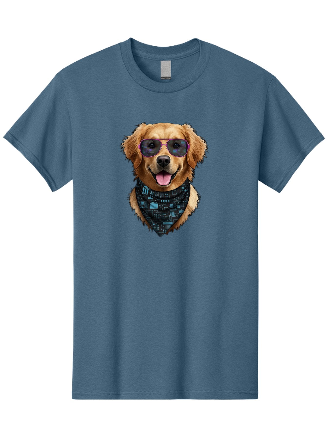 Golden-Retriever-Sunglasses Men'S Graphic Tee, 100% Cotton, Comfortable Casual Summer Wear, Machine Washable, Golden Retriever Dog, Trendy Sunglasses, Tech-Inspired Bandana, Streetwear Style, Cool Canine, Futuristic Fashion, Bab996 6