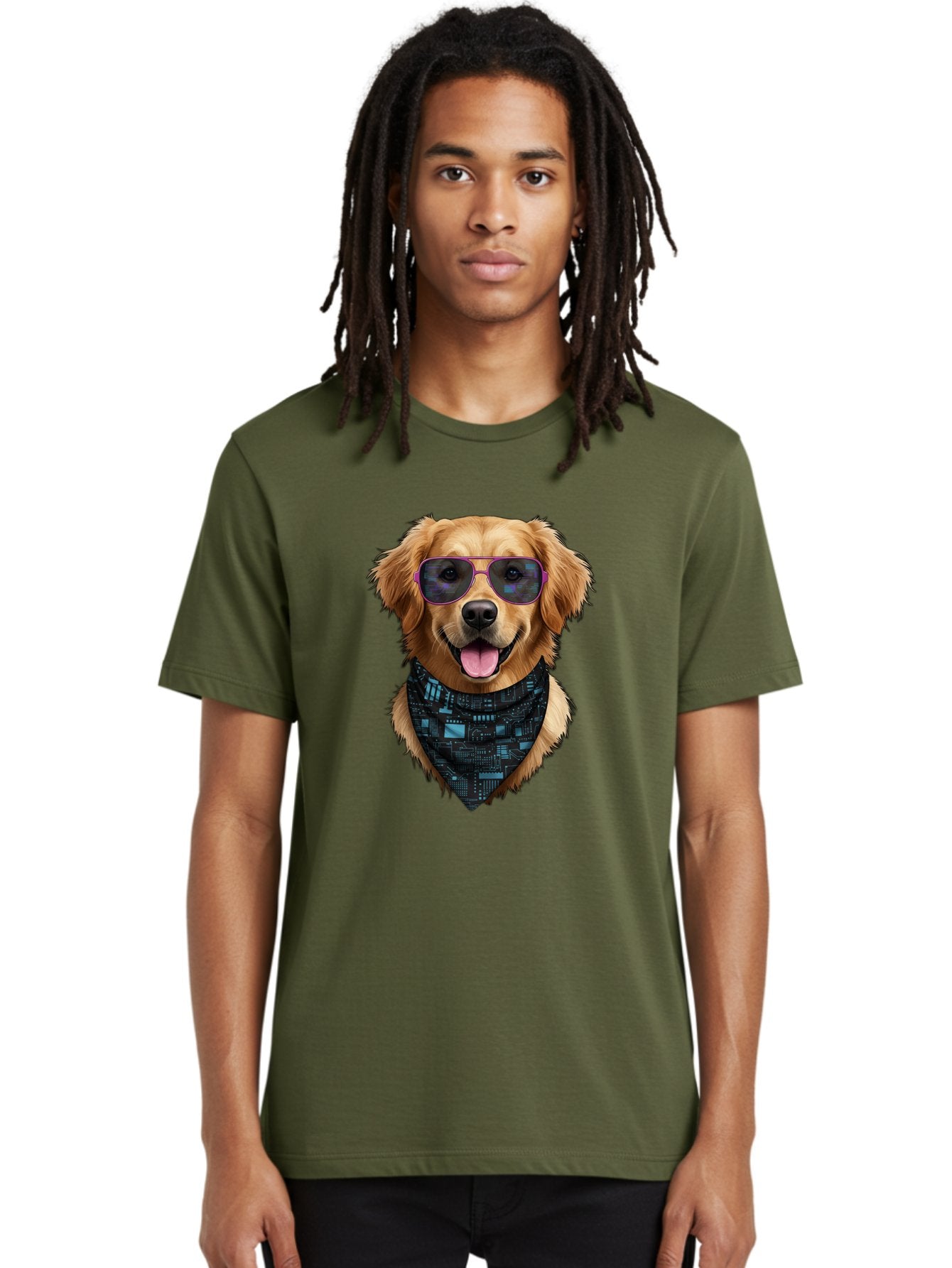 Golden-Retriever-Sunglasses Men'S Graphic Tee, 100% Cotton, Comfortable Casual Summer Wear, Machine Washable, Golden Retriever Dog, Trendy Sunglasses, Tech-Inspired Bandana, Streetwear Style, Cool Canine, Futuristic Fashion, Bab996 29