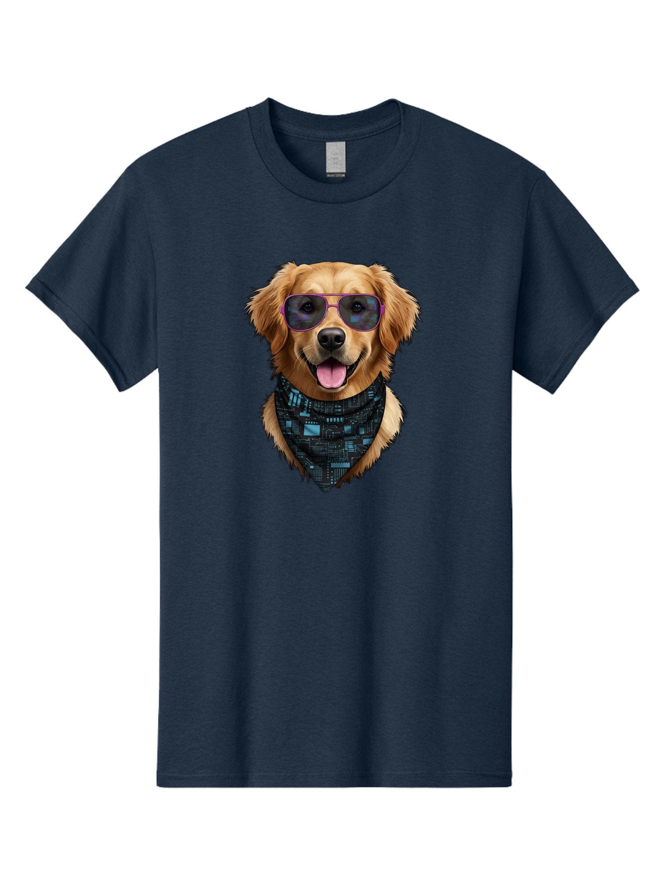 Golden-Retriever-Sunglasses Men'S Graphic Tee, 100% Cotton, Comfortable Casual Summer Wear, Machine Washable, Golden Retriever Dog, Trendy Sunglasses, Tech-Inspired Bandana, Streetwear Style, Cool Canine, Futuristic Fashion, Bab996 12