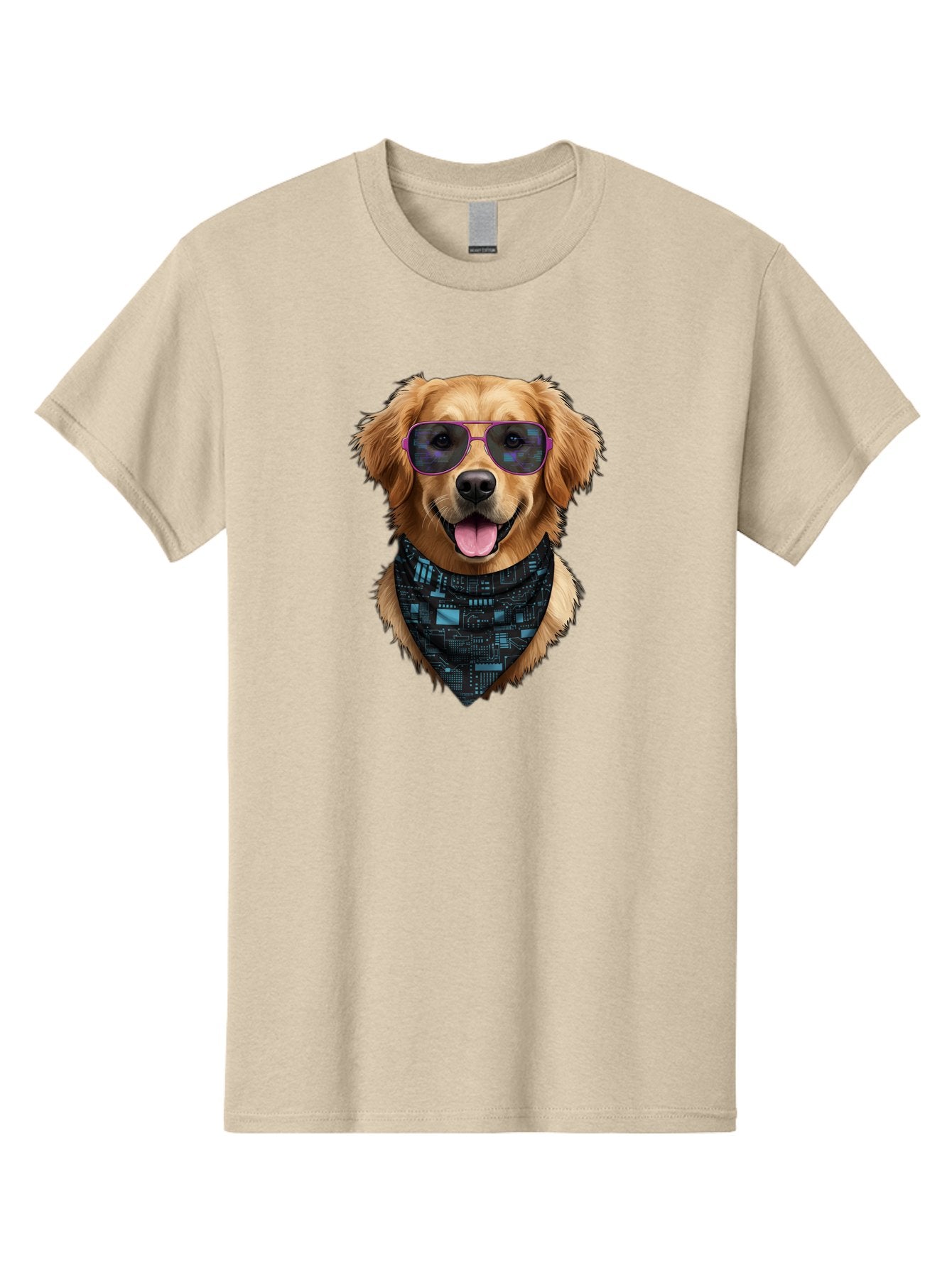Golden-Retriever-Sunglasses Men'S Graphic Tee, 100% Cotton, Comfortable Casual Summer Wear, Machine Washable, Golden Retriever Dog, Trendy Sunglasses, Tech-Inspired Bandana, Streetwear Style, Cool Canine, Futuristic Fashion, Bab996 13