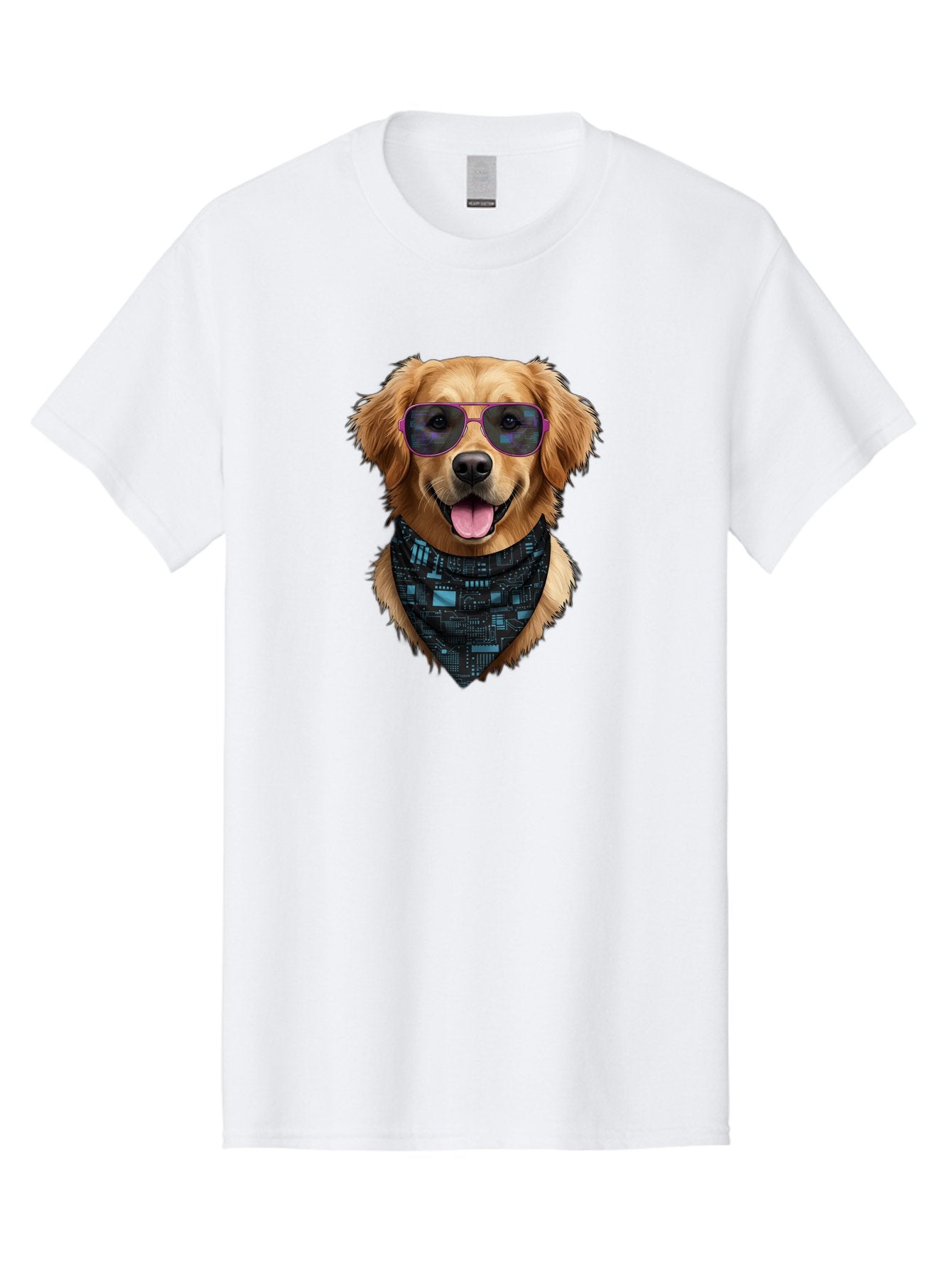 Golden-Retriever-Sunglasses Men'S Graphic Tee, 100% Cotton, Comfortable Casual Summer Wear, Machine Washable, Golden Retriever Dog, Trendy Sunglasses, Tech-Inspired Bandana, Streetwear Style, Cool Canine, Futuristic Fashion, Bab996 9