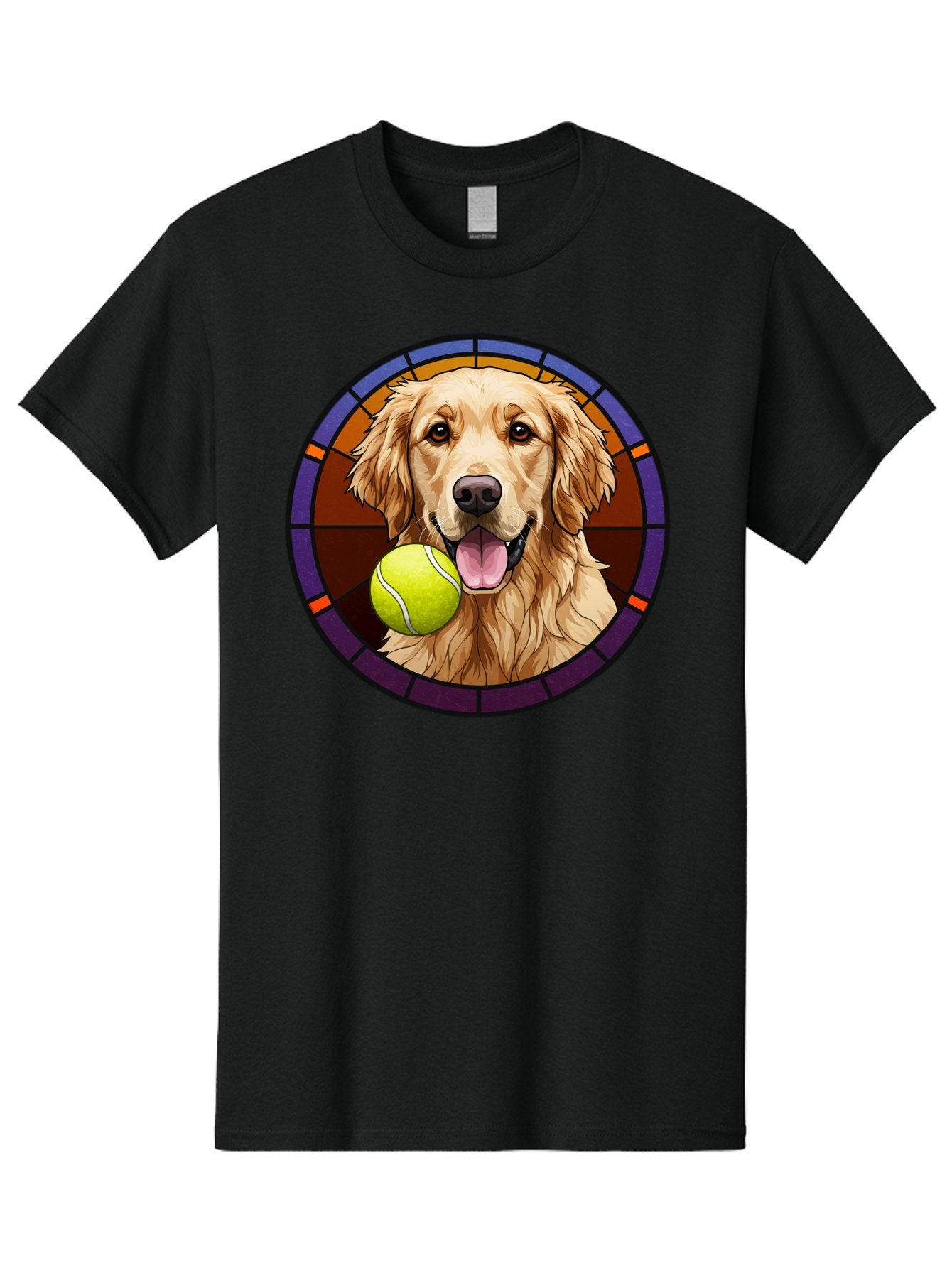 Golden-Retriever-Tennis-Ball-1 Men'S Graphic Tee, 100% Cotton, Comfortable Casual Summer Wear, Machine Washable, Golden Retriever, Tennis Ball, Stained Glass Art, Playful Dog, Fetching Fun, Happy Pet, Dog Lover, Cute Canine Bab997 14