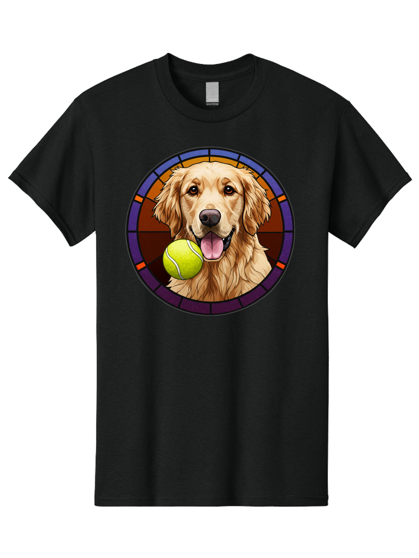 Golden-Retriever-Tennis-Ball-1 Men'S Graphic Tee, 100% Cotton, Comfortable Casual Summer Wear, Machine Washable, Golden Retriever, Tennis Ball, Stained Glass Art, Playful Dog, Fetching Fun, Happy Pet, Dog Lover, Cute Canine Bab997