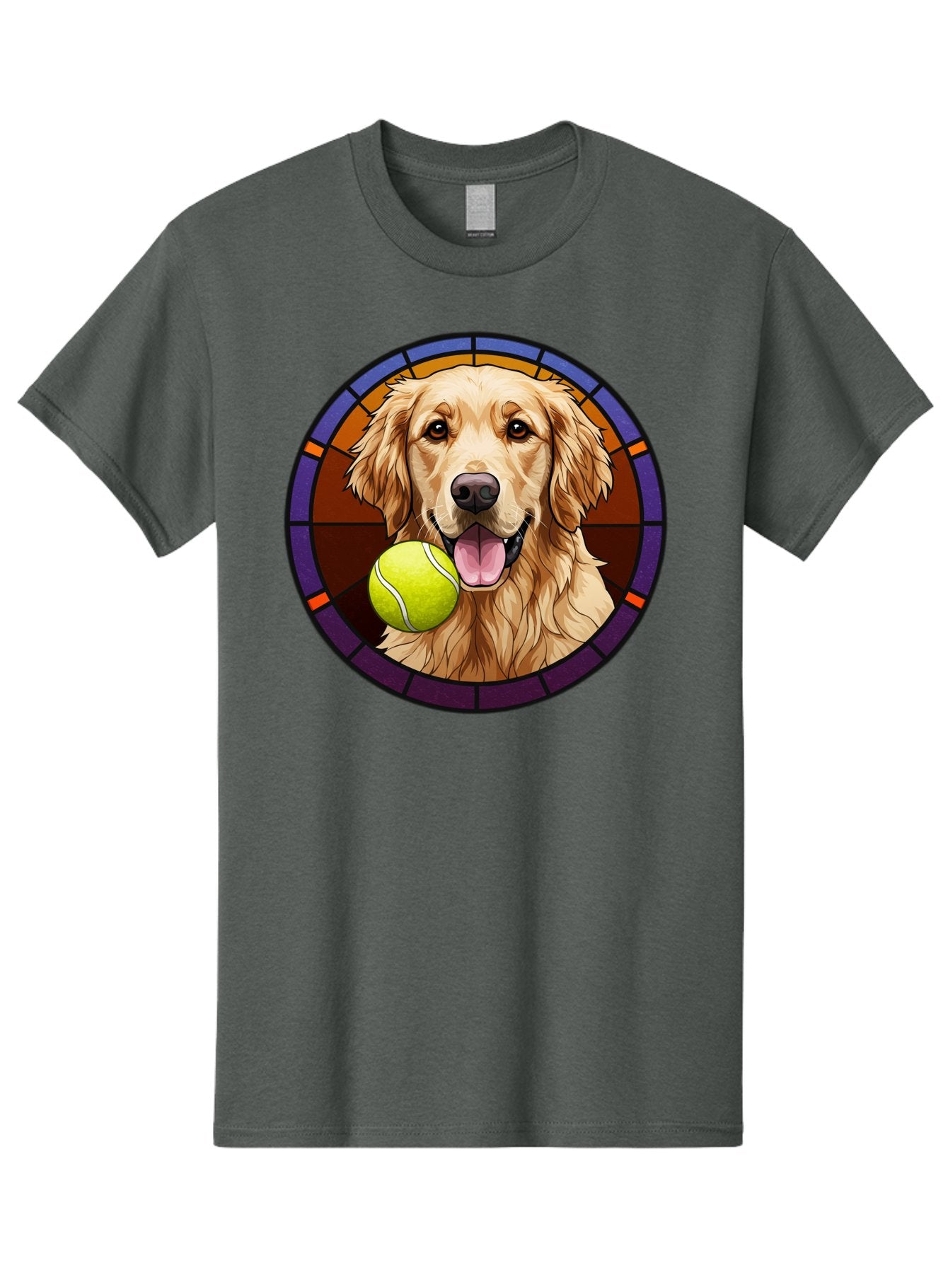 Golden-Retriever-Tennis-Ball-1 Men'S Graphic Tee, 100% Cotton, Comfortable Casual Summer Wear, Machine Washable, Golden Retriever, Tennis Ball, Stained Glass Art, Playful Dog, Fetching Fun, Happy Pet, Dog Lover, Cute Canine Bab997 12