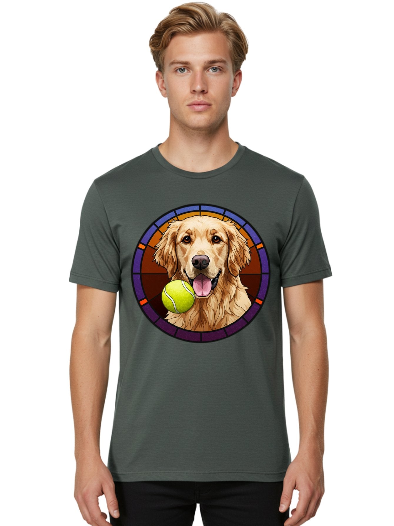 Golden-Retriever-Tennis-Ball-1 Men'S Graphic Tee, 100% Cotton, Comfortable Casual Summer Wear, Machine Washable, Golden Retriever, Tennis Ball, Stained Glass Art, Playful Dog, Fetching Fun, Happy Pet, Dog Lover, Cute Canine Bab997 28