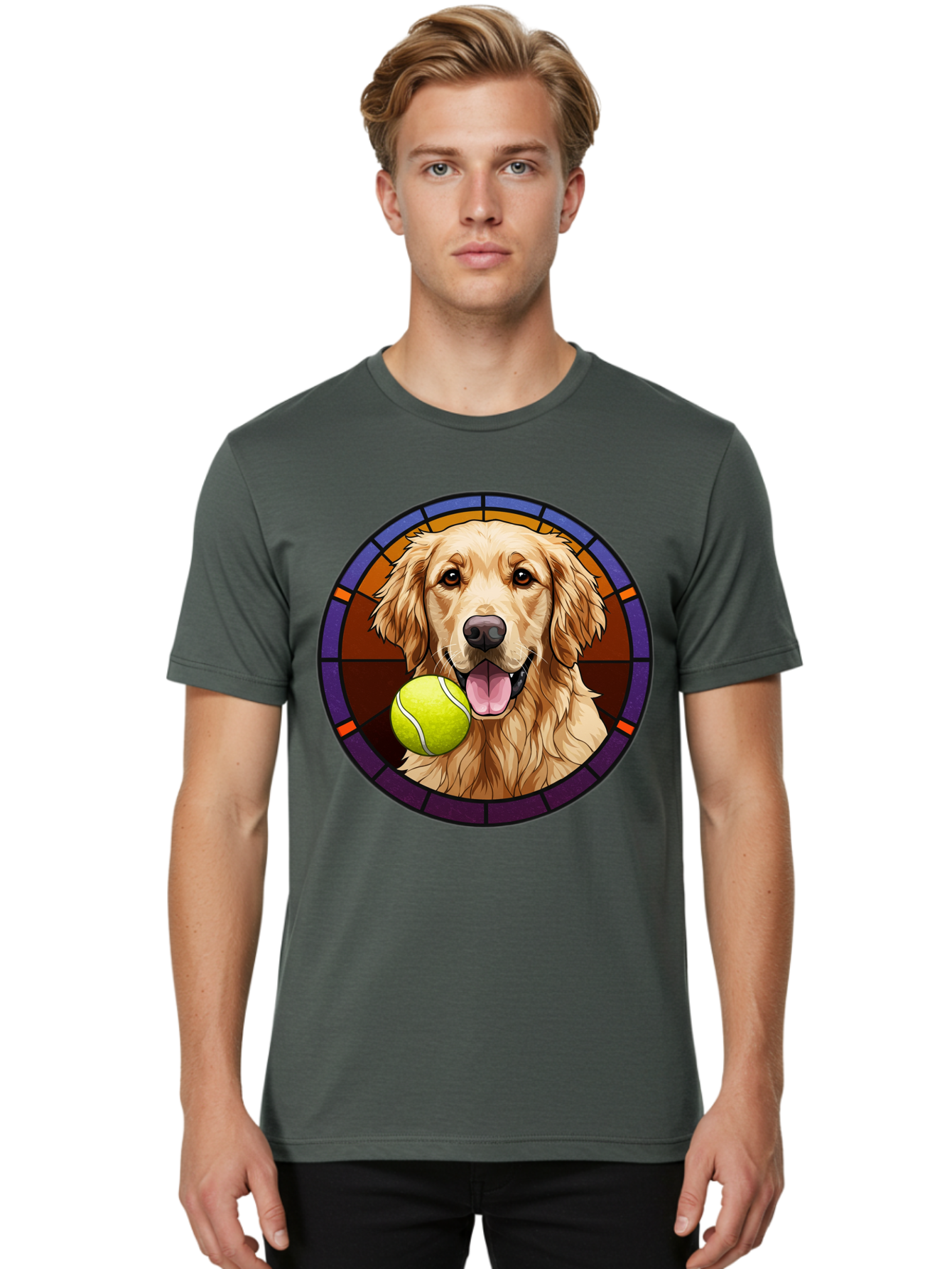 Golden-Retriever-Tennis-Ball-1 Men'S Graphic Tee, 100% Cotton, Comfortable Casual Summer Wear, Machine Washable, Golden Retriever, Tennis Ball, Stained Glass Art, Playful Dog, Fetching Fun, Happy Pet, Dog Lover, Cute Canine Bab997 18