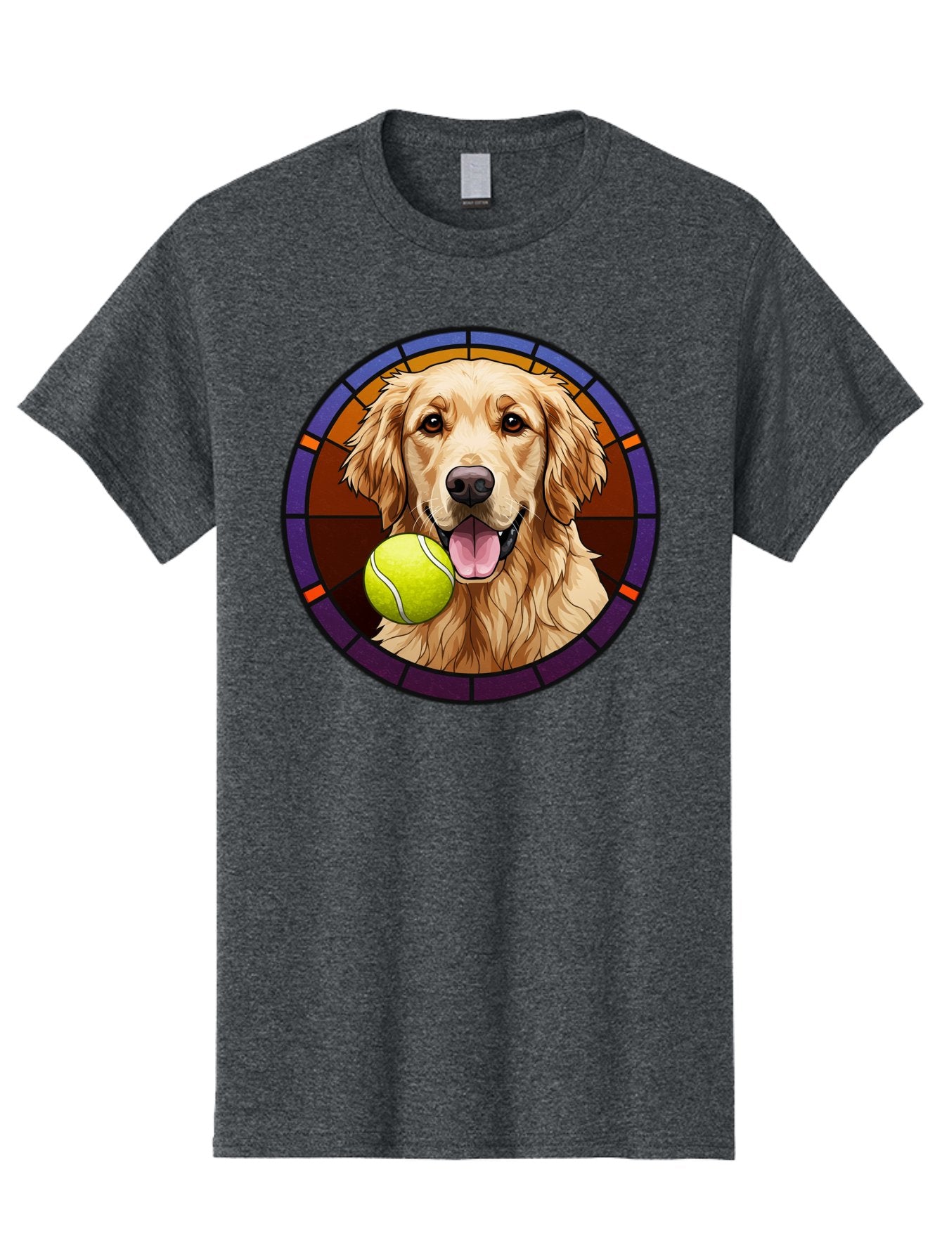 Golden-Retriever-Tennis-Ball-1 Men'S Graphic Tee, 100% Cotton, Comfortable Casual Summer Wear, Machine Washable, Golden Retriever, Tennis Ball, Stained Glass Art, Playful Dog, Fetching Fun, Happy Pet, Dog Lover, Cute Canine Bab997 15