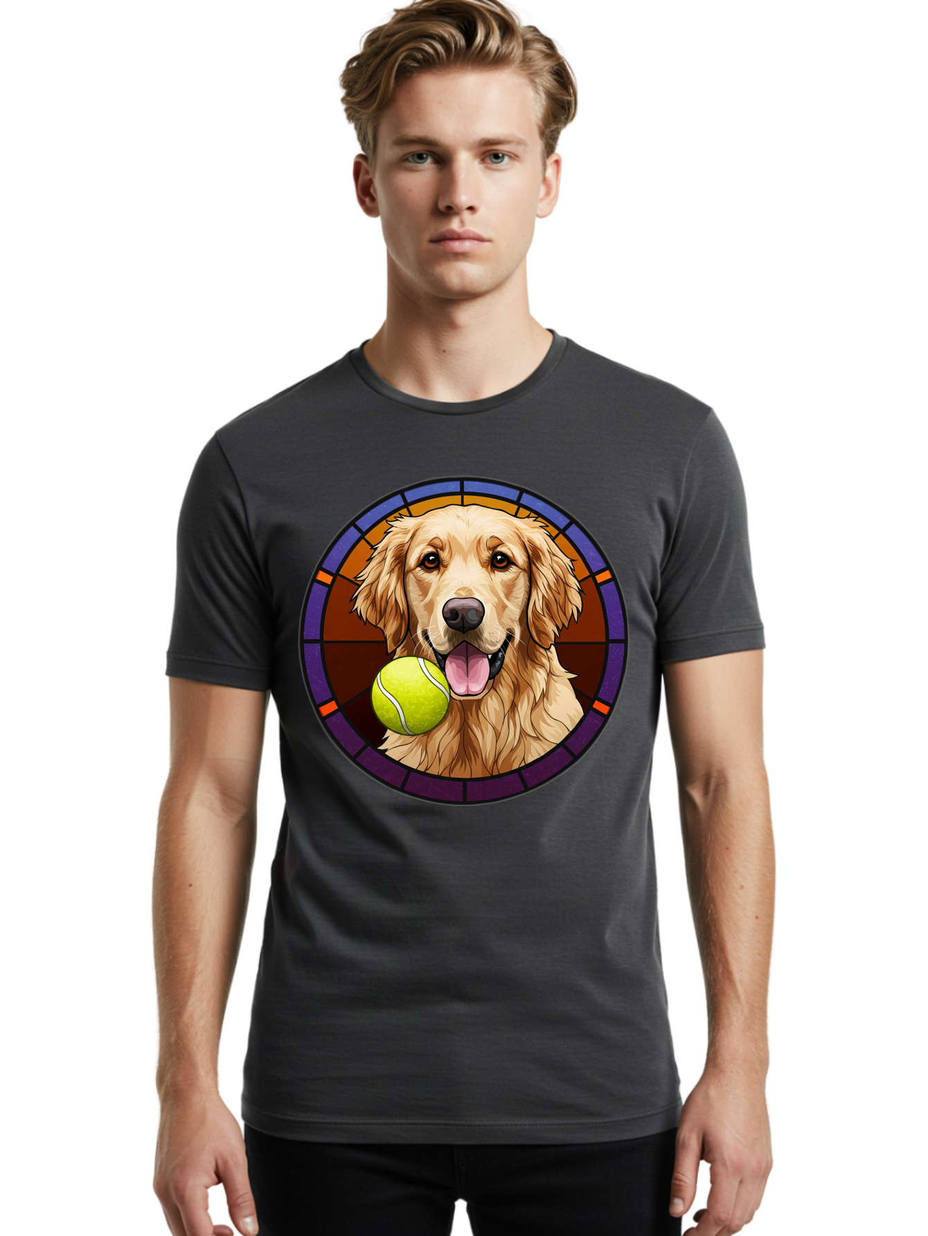 Golden-Retriever-Tennis-Ball-1 Men'S Graphic Tee, 100% Cotton, Comfortable Casual Summer Wear, Machine Washable, Golden Retriever, Tennis Ball, Stained Glass Art, Playful Dog, Fetching Fun, Happy Pet, Dog Lover, Cute Canine Bab997 16