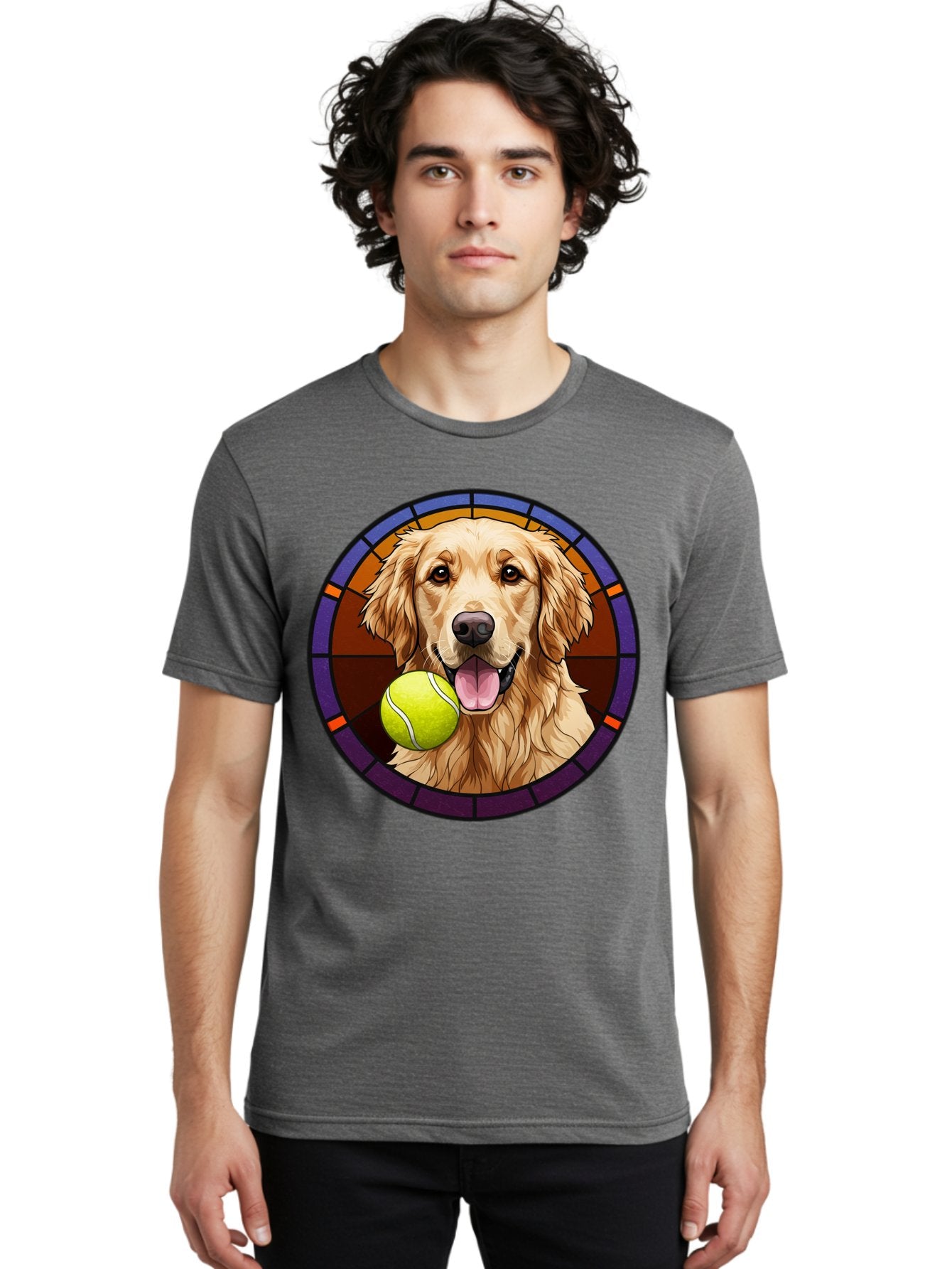 Golden-Retriever-Tennis-Ball-1 Men'S Graphic Tee, 100% Cotton, Comfortable Casual Summer Wear, Machine Washable, Golden Retriever, Tennis Ball, Stained Glass Art, Playful Dog, Fetching Fun, Happy Pet, Dog Lover, Cute Canine Bab997 18