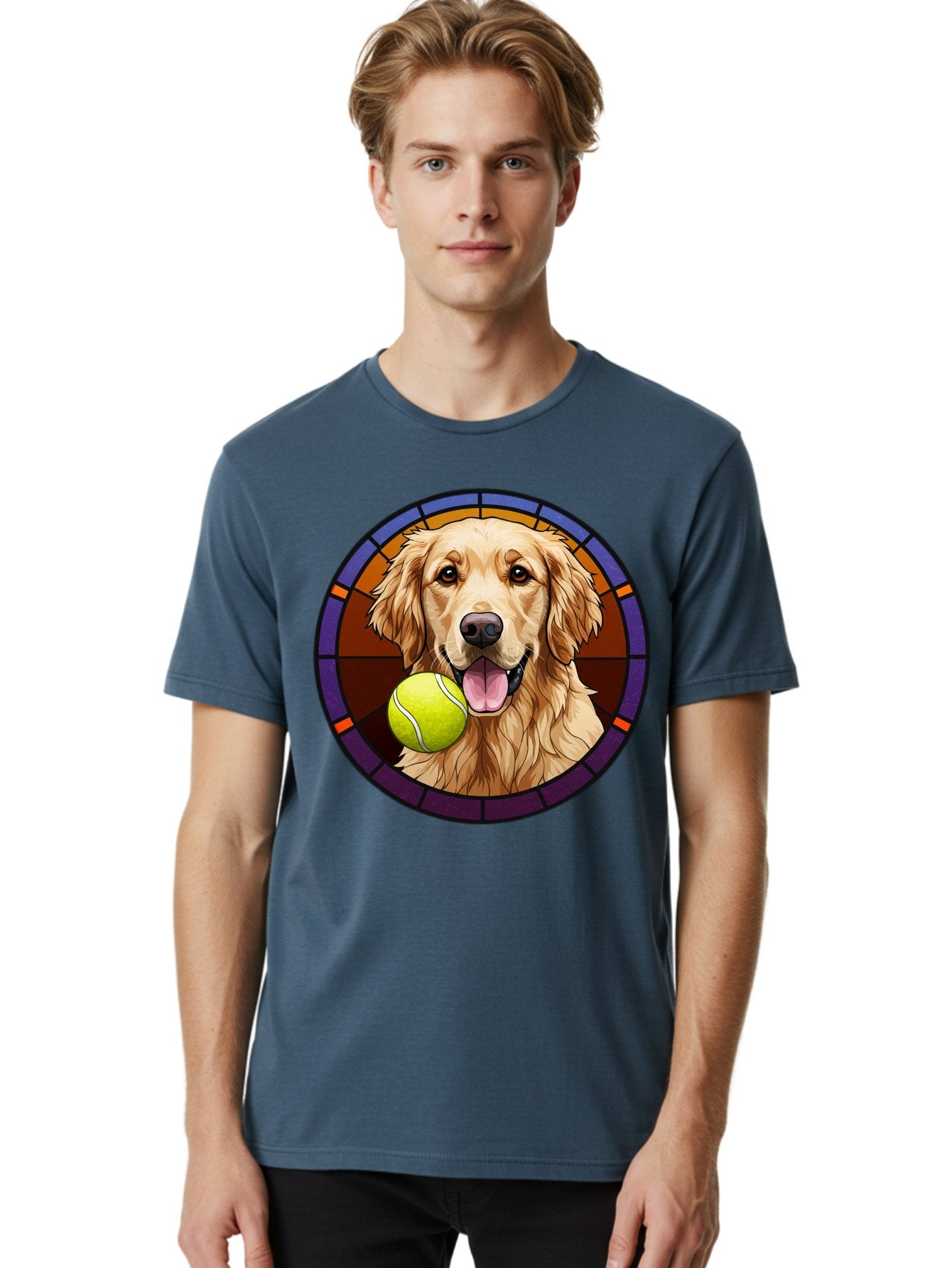 Golden-Retriever-Tennis-Ball-1 Men'S Graphic Tee, 100% Cotton, Comfortable Casual Summer Wear, Machine Washable, Golden Retriever, Tennis Ball, Stained Glass Art, Playful Dog, Fetching Fun, Happy Pet, Dog Lover, Cute Canine Bab997 27