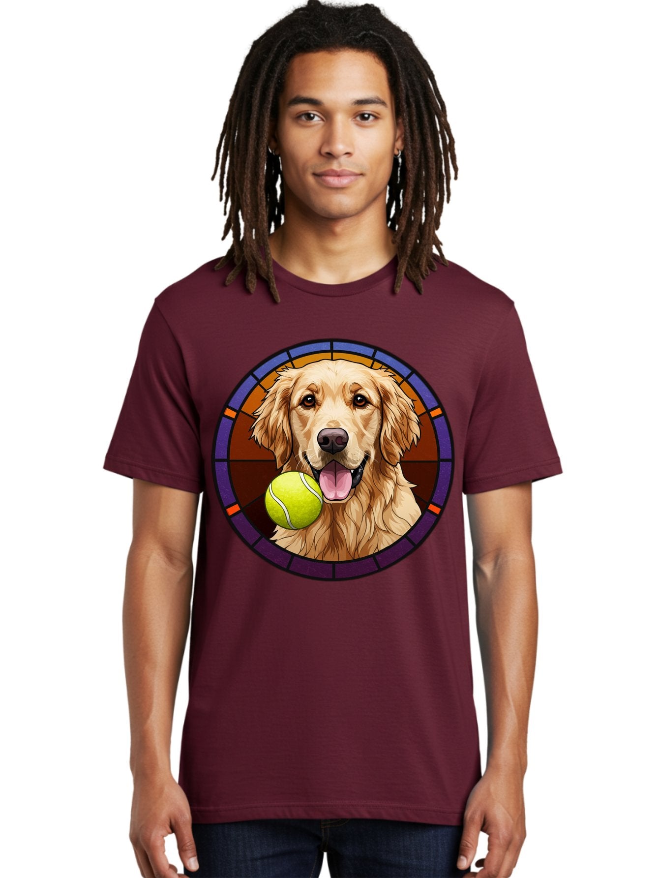 Golden-Retriever-Tennis-Ball-1 Men'S Graphic Tee, 100% Cotton, Comfortable Casual Summer Wear, Machine Washable, Golden Retriever, Tennis Ball, Stained Glass Art, Playful Dog, Fetching Fun, Happy Pet, Dog Lover, Cute Canine Bab997 26
