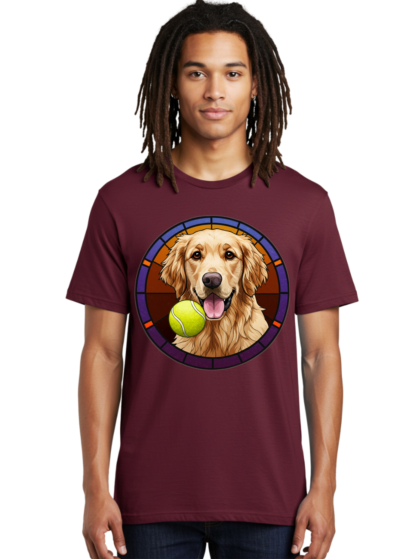 Golden-Retriever-Tennis-Ball-1 Men'S Graphic Tee, 100% Cotton, Comfortable Casual Summer Wear, Machine Washable, Golden Retriever, Tennis Ball, Stained Glass Art, Playful Dog, Fetching Fun, Happy Pet, Dog Lover, Cute Canine Bab997 20