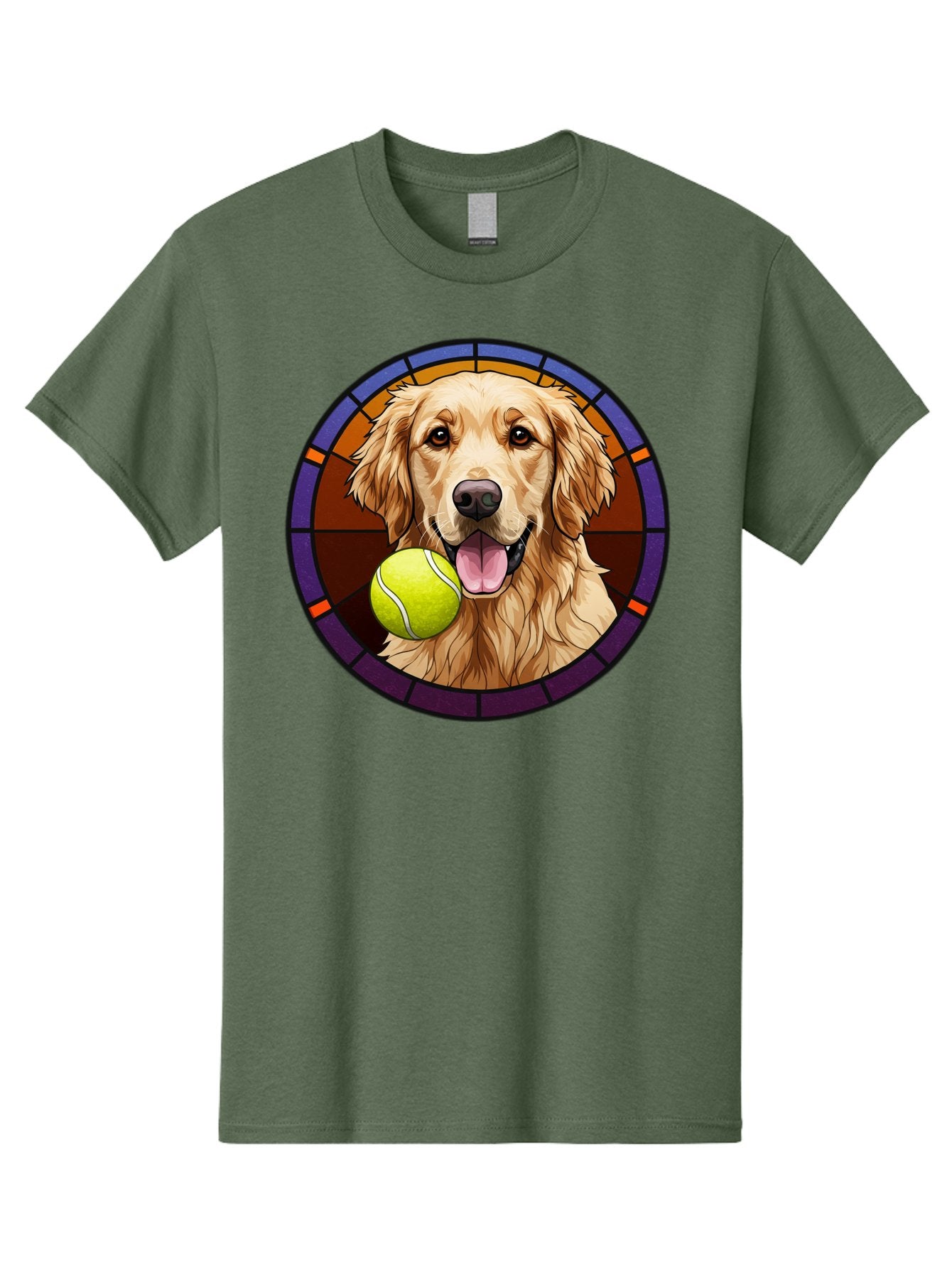 Golden-Retriever-Tennis-Ball-1 Men'S Graphic Tee, 100% Cotton, Comfortable Casual Summer Wear, Machine Washable, Golden Retriever, Tennis Ball, Stained Glass Art, Playful Dog, Fetching Fun, Happy Pet, Dog Lover, Cute Canine Bab997 7