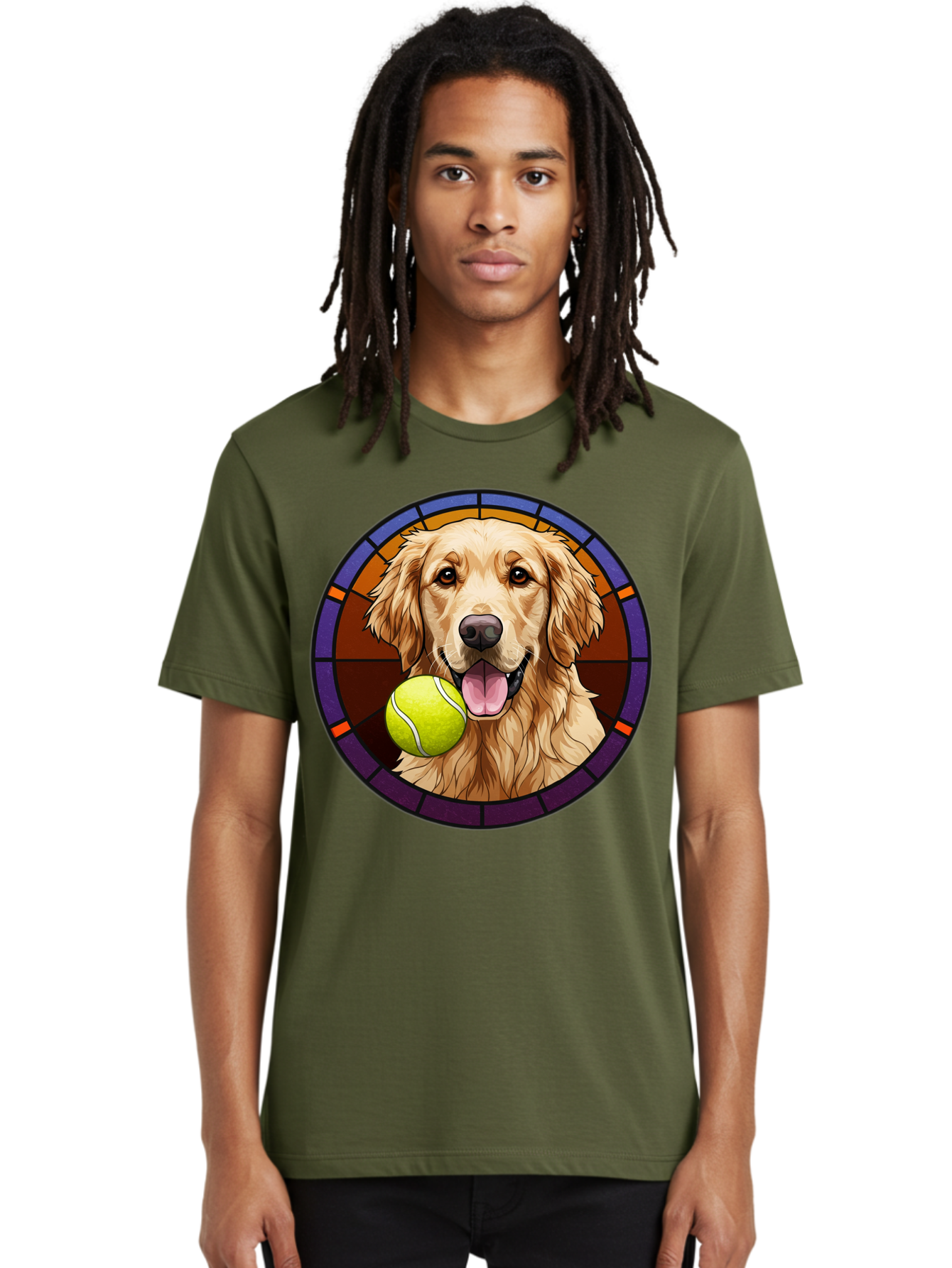 Golden-Retriever-Tennis-Ball-1 Men'S Graphic Tee, 100% Cotton, Comfortable Casual Summer Wear, Machine Washable, Golden Retriever, Tennis Ball, Stained Glass Art, Playful Dog, Fetching Fun, Happy Pet, Dog Lover, Cute Canine Bab997 28