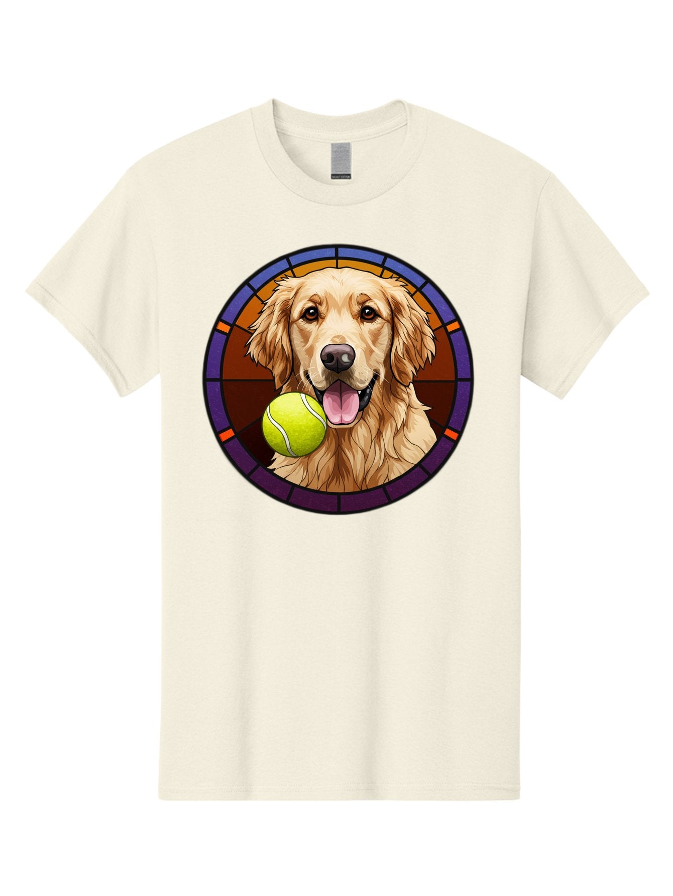Golden-Retriever-Tennis-Ball-1 Men'S Graphic Tee, 100% Cotton, Comfortable Casual Summer Wear, Machine Washable, Golden Retriever, Tennis Ball, Stained Glass Art, Playful Dog, Fetching Fun, Happy Pet, Dog Lover, Cute Canine Bab997