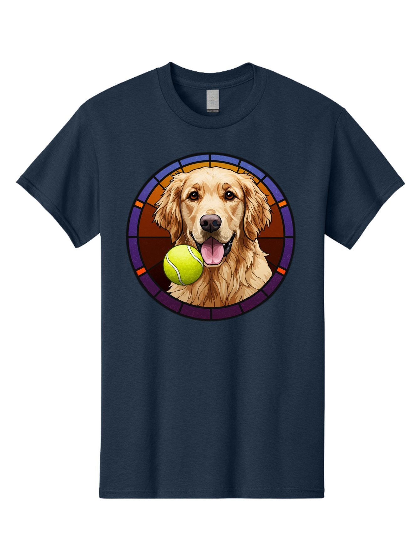Golden-Retriever-Tennis-Ball-1 Men'S Graphic Tee, 100% Cotton, Comfortable Casual Summer Wear, Machine Washable, Golden Retriever, Tennis Ball, Stained Glass Art, Playful Dog, Fetching Fun, Happy Pet, Dog Lover, Cute Canine Bab997 10