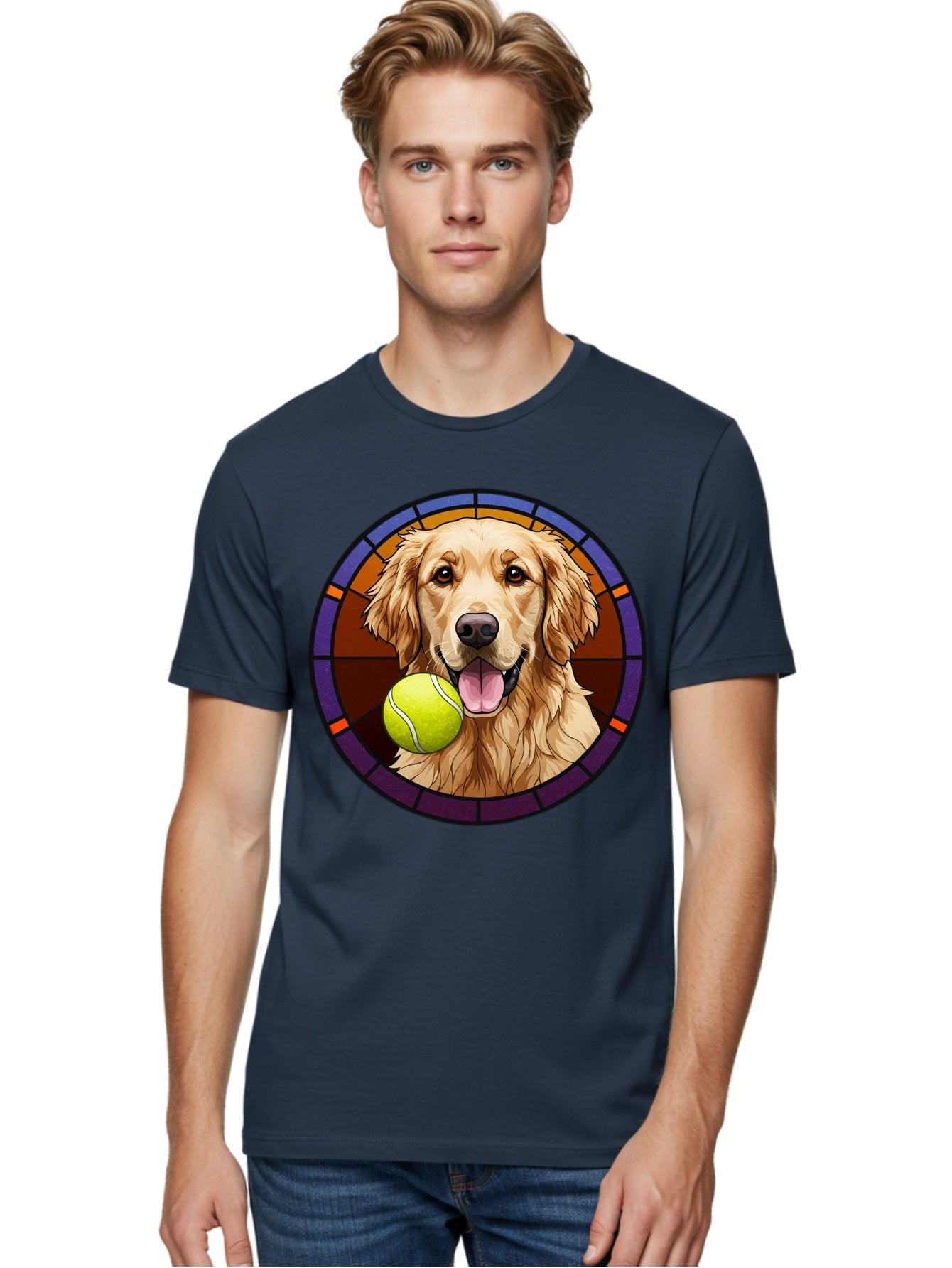 Golden-Retriever-Tennis-Ball-1 Men'S Graphic Tee, 100% Cotton, Comfortable Casual Summer Wear, Machine Washable, Golden Retriever, Tennis Ball, Stained Glass Art, Playful Dog, Fetching Fun, Happy Pet, Dog Lover, Cute Canine Bab997 17
