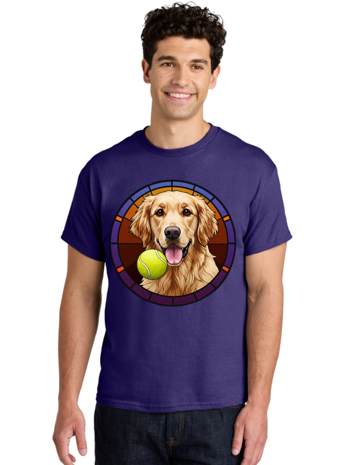 Golden-Retriever-Tennis-Ball-1 Men'S Graphic Tee, 100% Cotton, Comfortable Casual Summer Wear, Machine Washable, Golden Retriever, Tennis Ball, Stained Glass Art, Playful Dog, Fetching Fun, Happy Pet, Dog Lover, Cute Canine Bab997 21